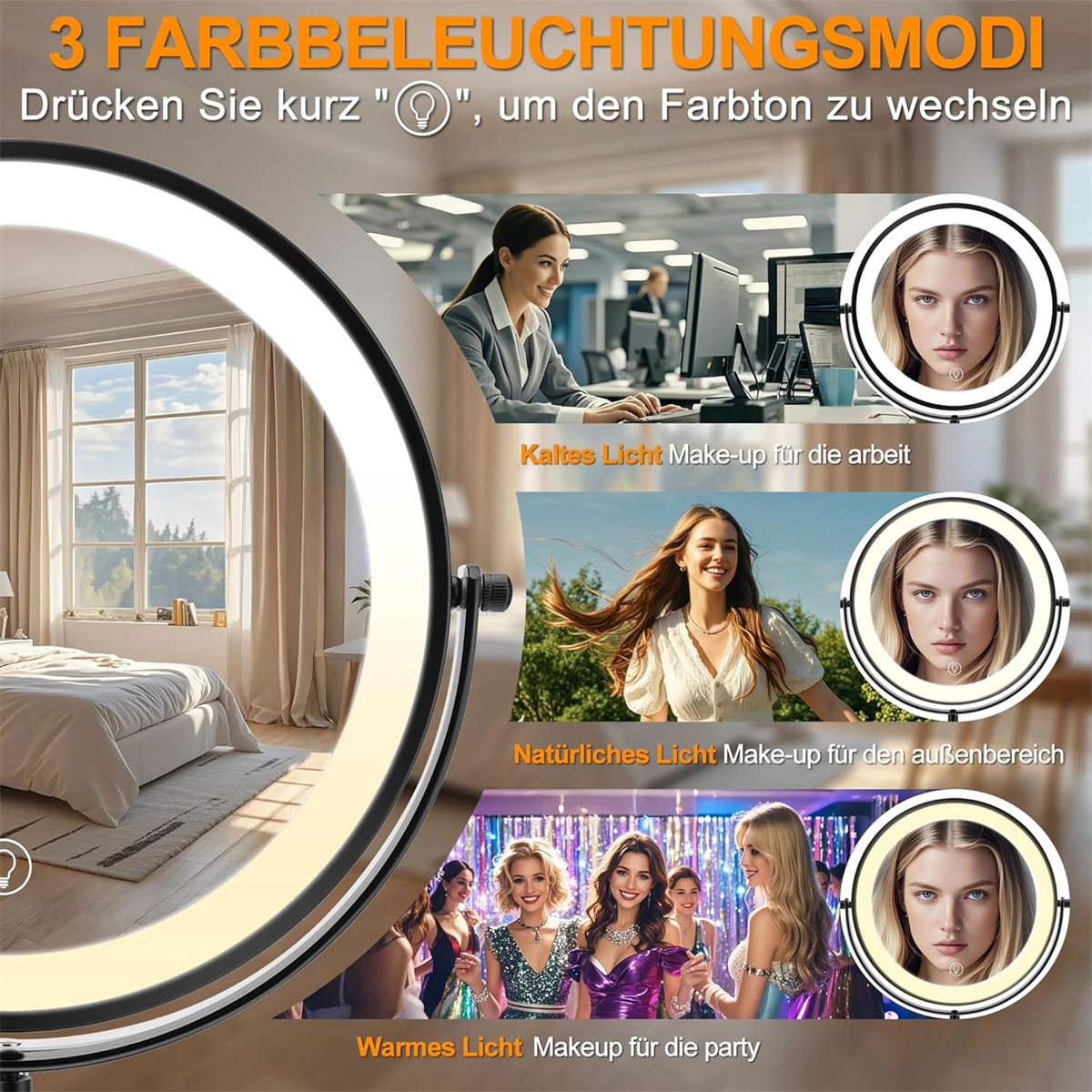 Ein Ringlicht mit Gesichtern von Frauen. Es werden drei verschiedene Beleuchtungsmodi gezeigt: kalt, natürlich und warm.