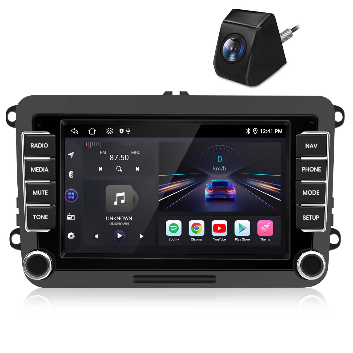 Impianto stereo per auto con schermo e pulsanti. Una telecamera è montata in alto, sopra lo schermo.