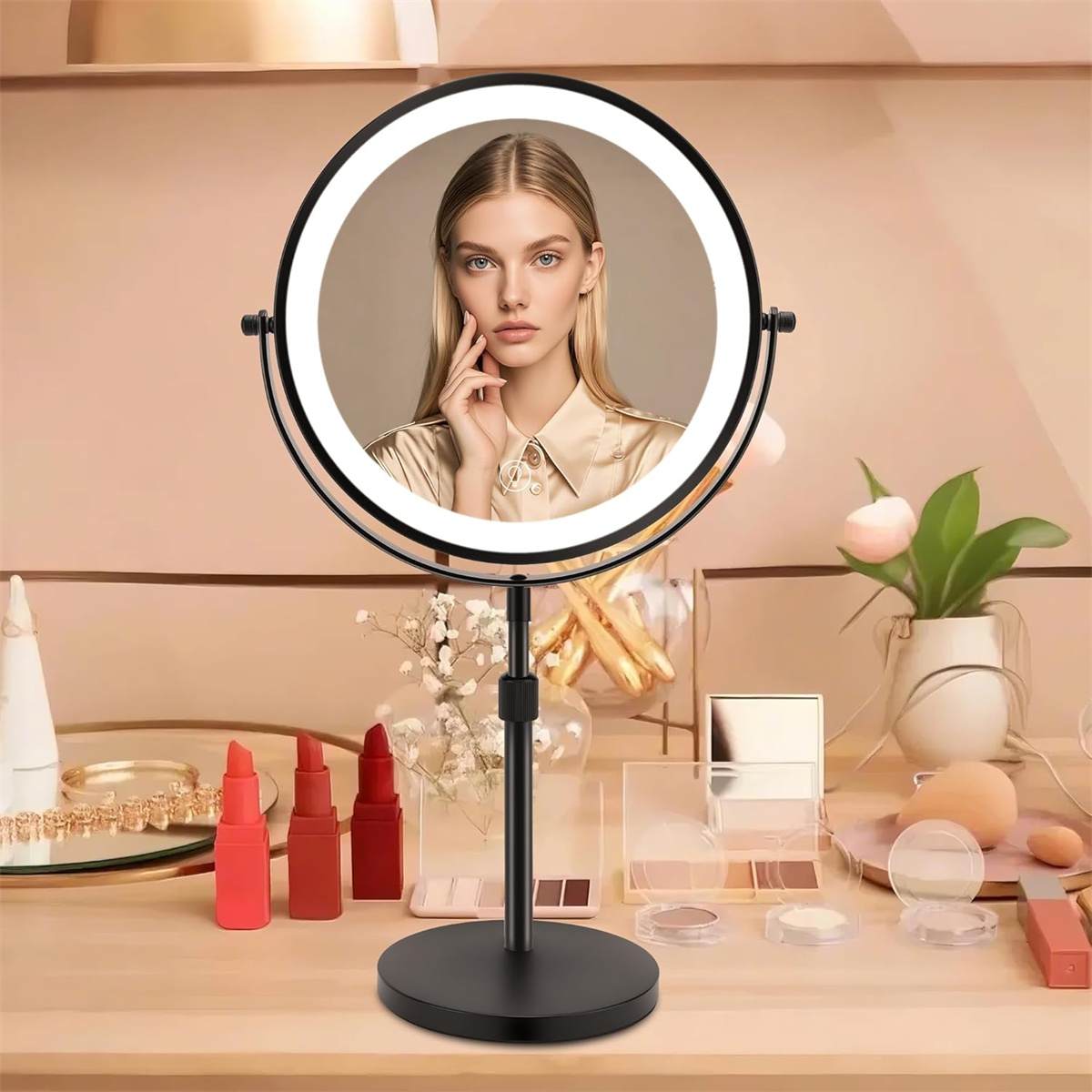 Frau in einem Spiegel, Make-up-Produkte liegen auf dem Tisch.