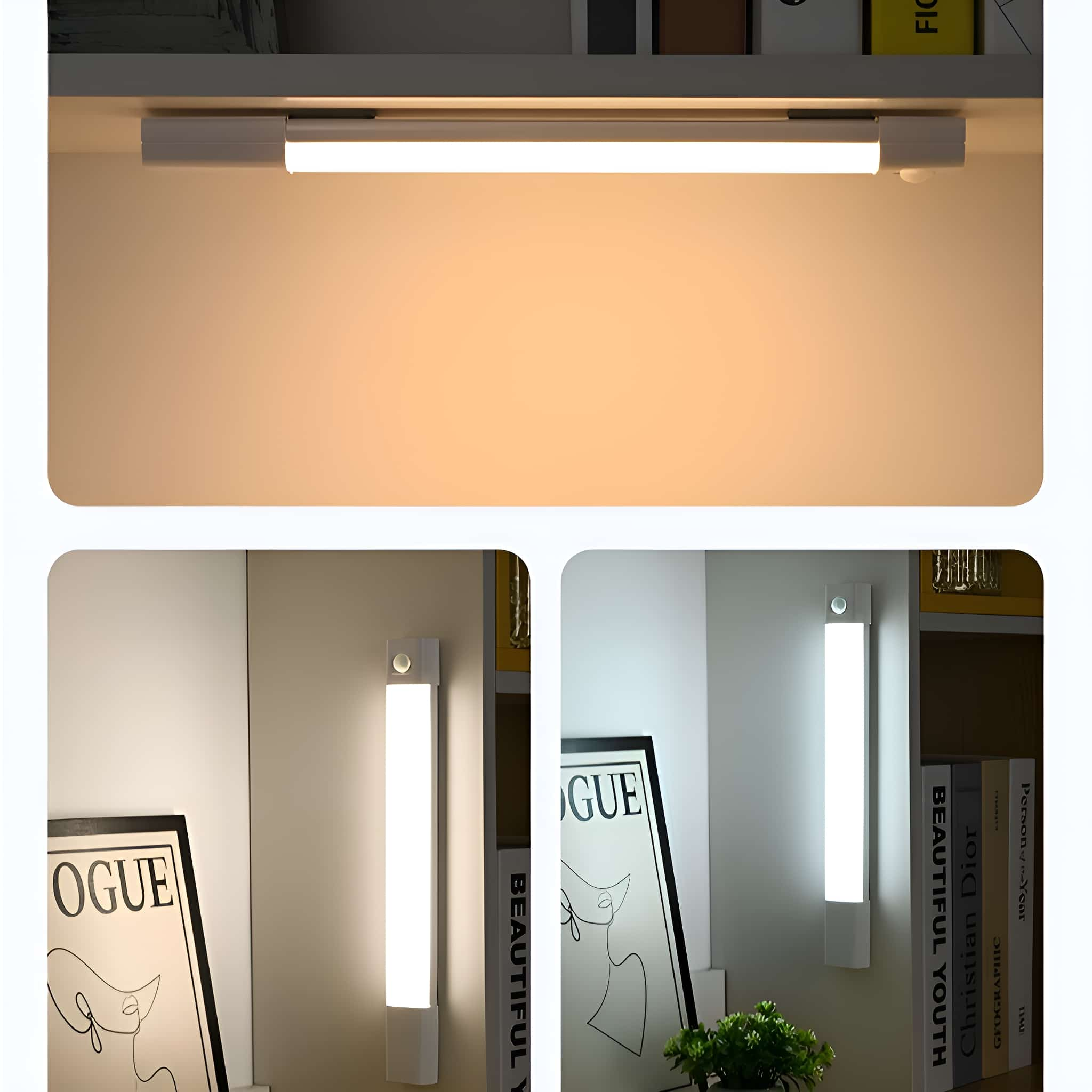 Weiße LED-Lichtleiste, Draufsicht und zwei Seitenansichten, die verschiedene Lichteinstellungen zeigen.