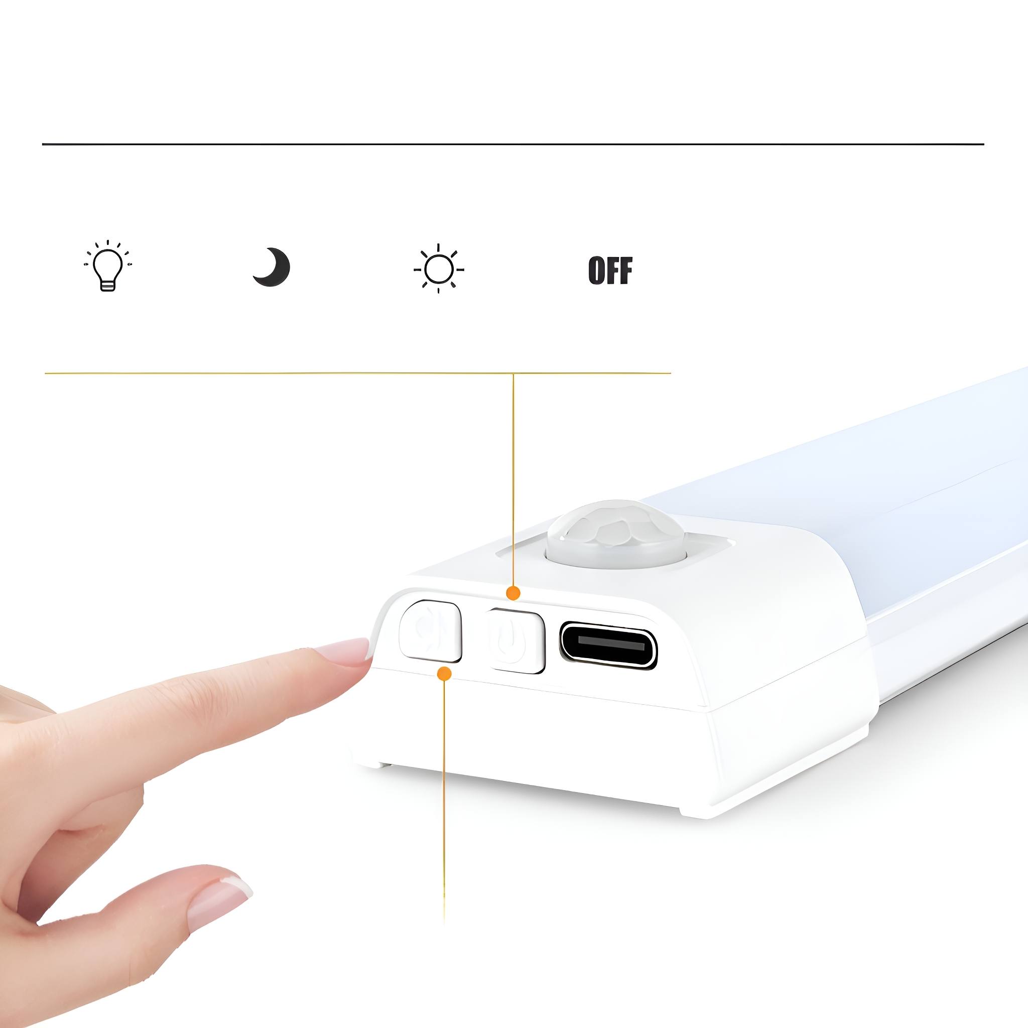Hand drückt Knopf an weißem Licht. Symbole für Ein, Aus und Lichtmodi werden angezeigt.
