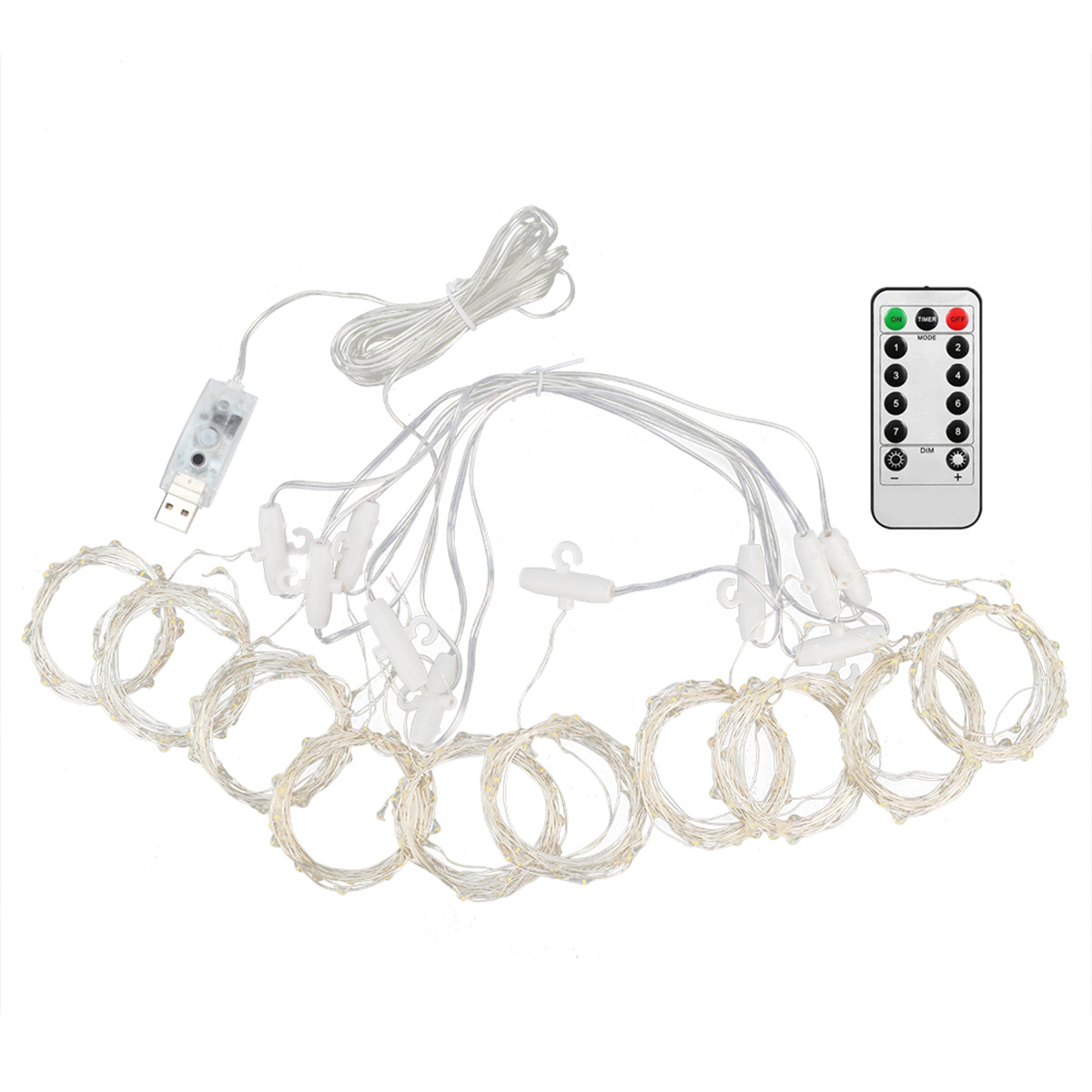 Lichterkette mit Fernbedienung und USB-Anschluss. Weißer Hintergrund.