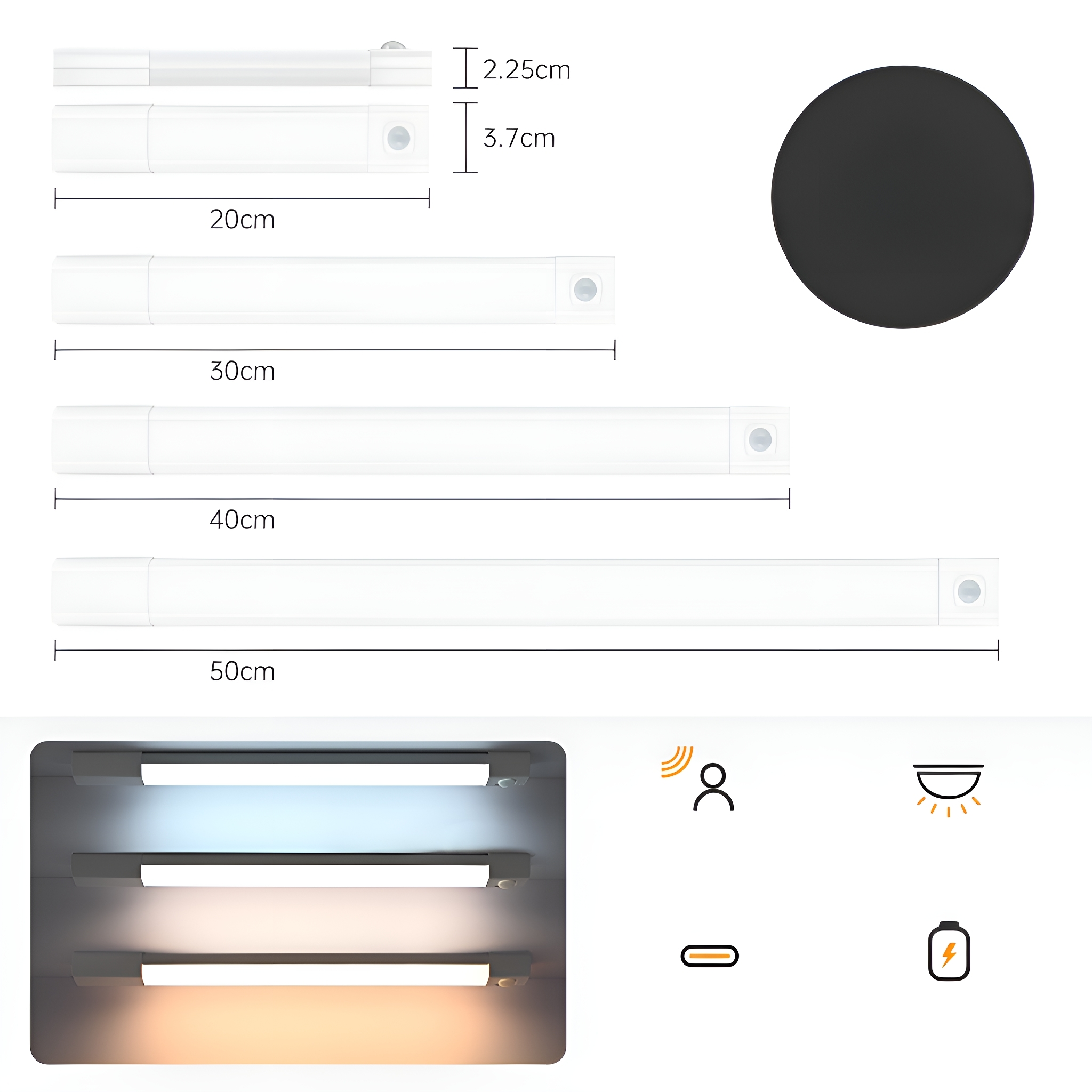 Weiße LED-Lichtleisten unterschiedlicher Länge mit Symbolen und Maßen.
