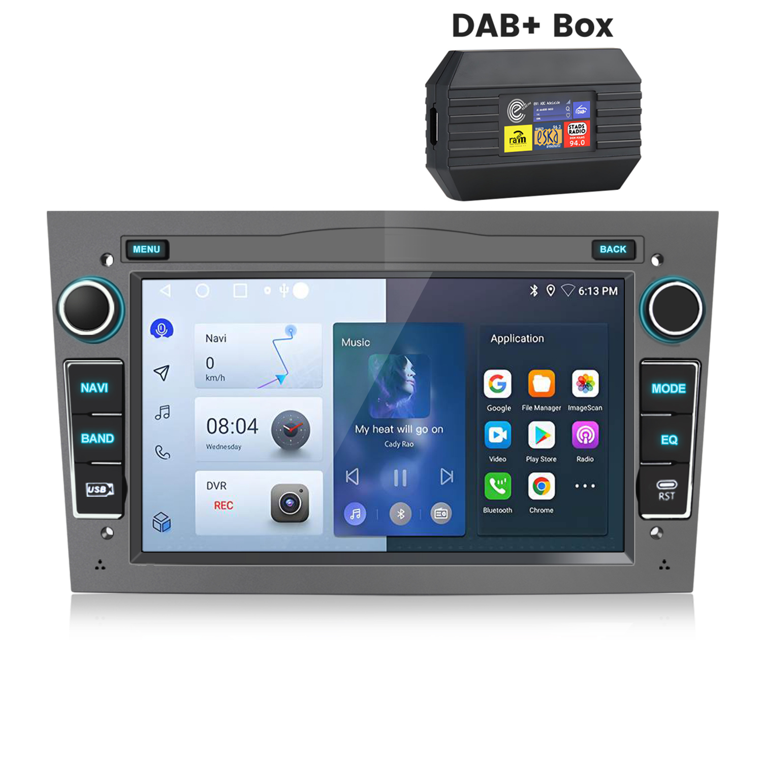 Radio samochodowe z DAB+ Box. Radio ma ekran z aplikacjami oraz przyciski Wstecz i Menu.