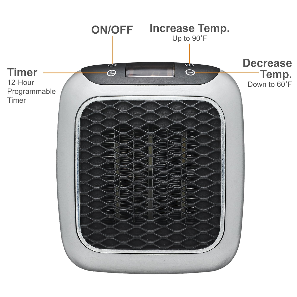 Ein kleiner, silberner Elektroheizer mit beschrifteten Bedienelementen für Ein/Aus und Temperatureinstellungen.