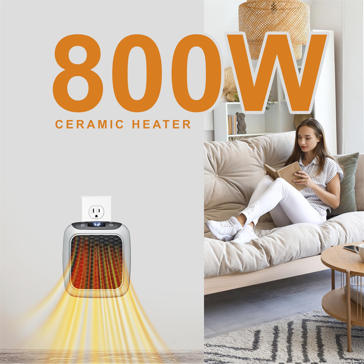 Keramikheizung mit Frau und Couch im Hintergrund. Weiße Wand, oranger Text, 800W.
