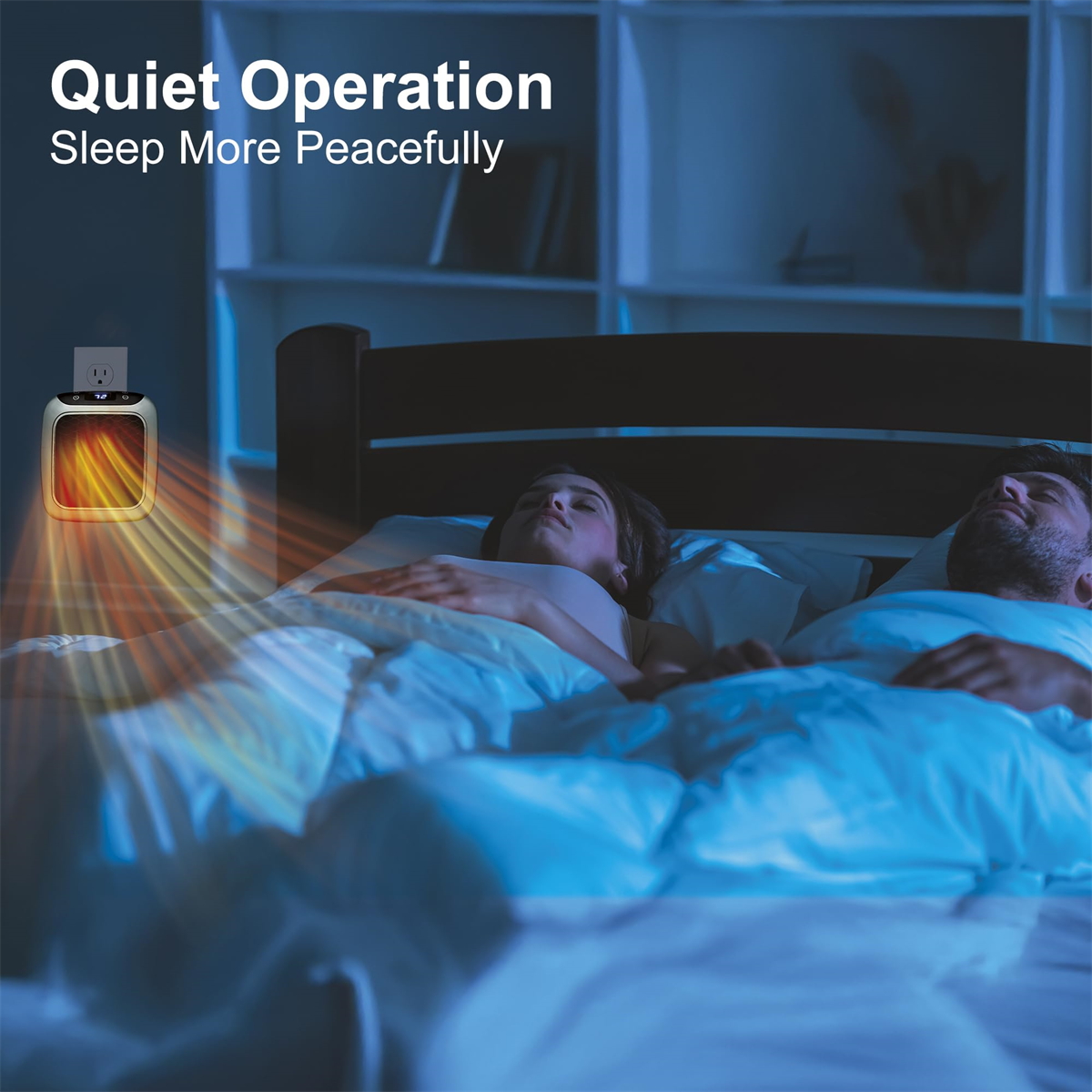 Ein Paar schläft im Bett mit einem Wandheizgerät, Text: 'Quiet Operation'.