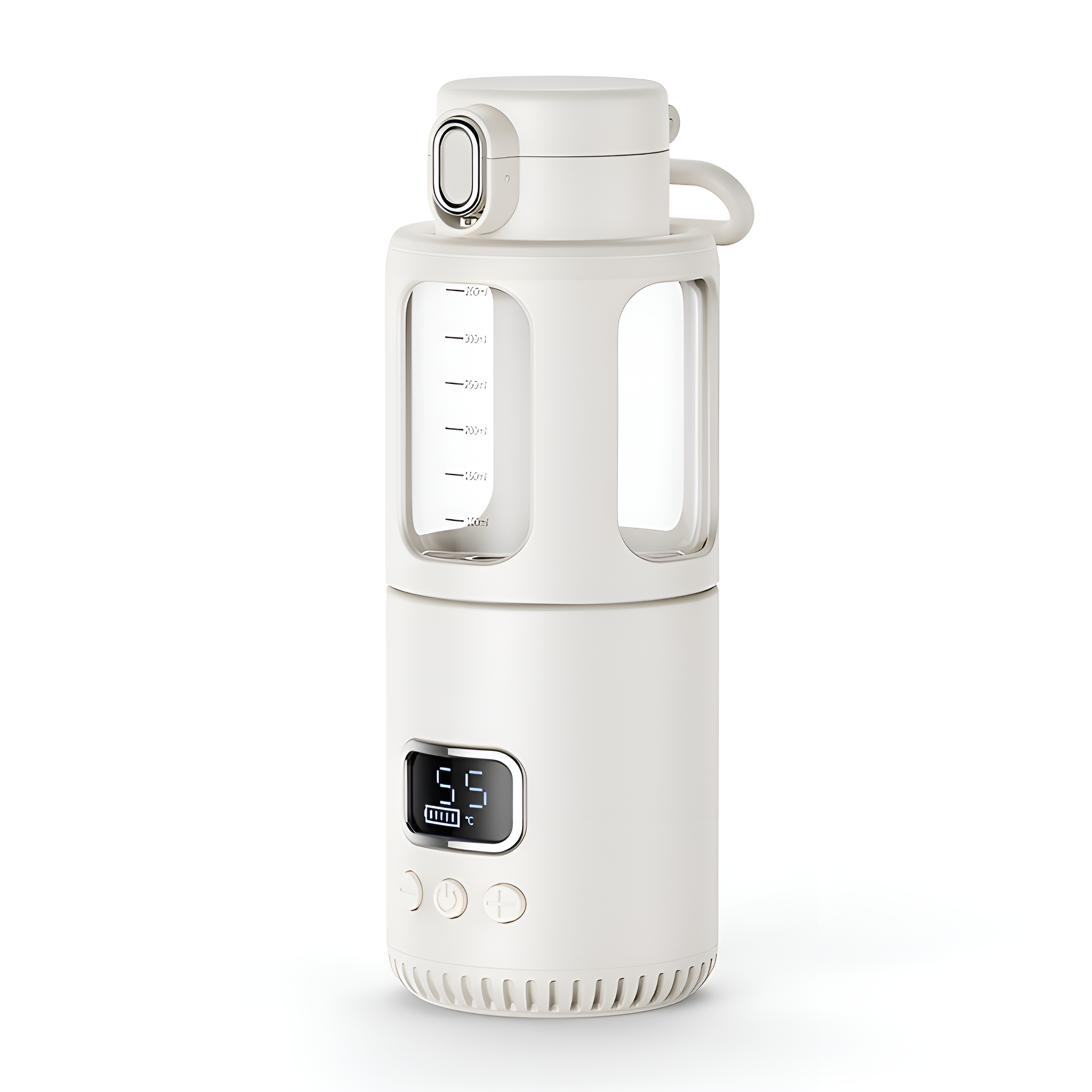 Weiße Wasserflasche mit Digitalanzeige und Knöpfen.