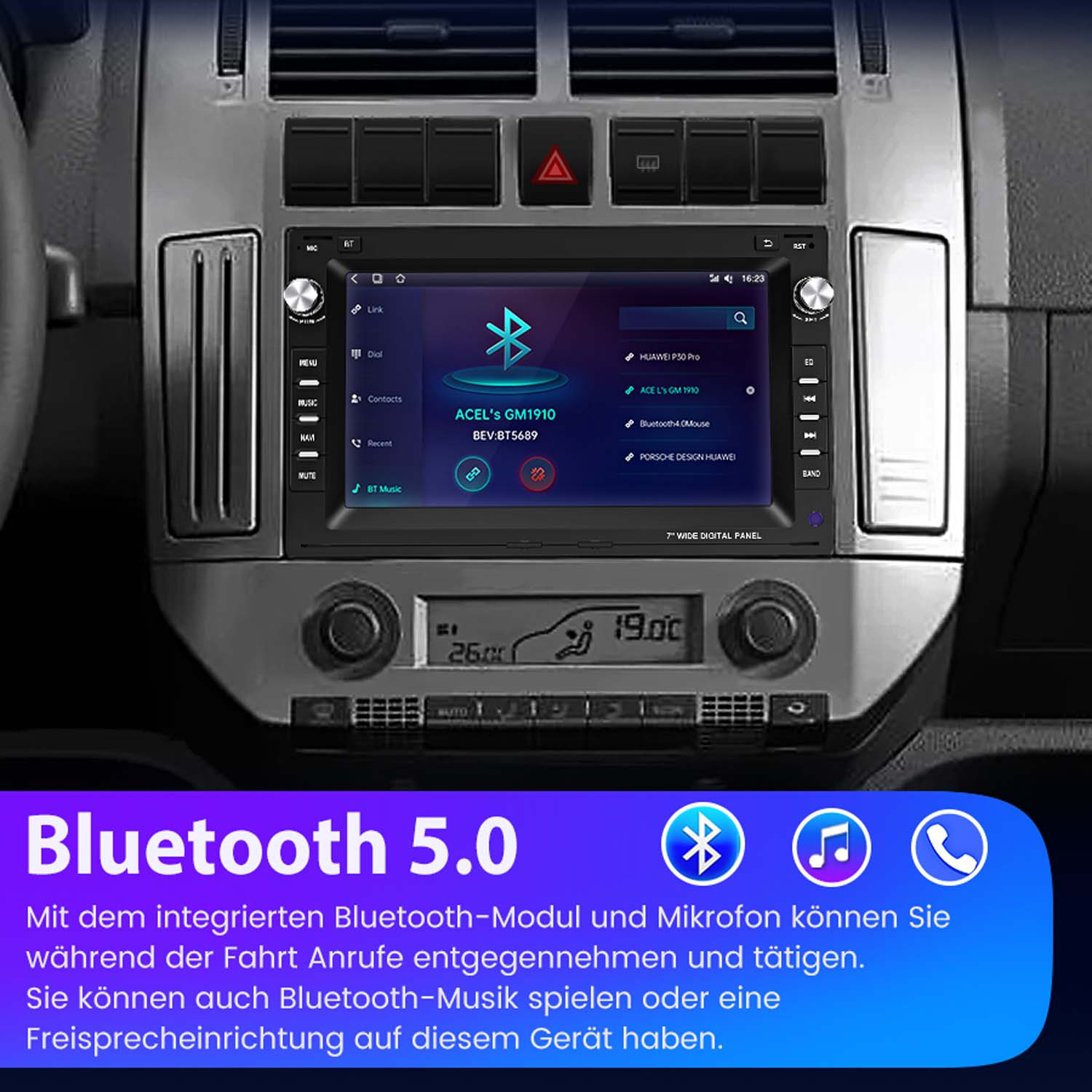 Radio samochodowe z funkcją Bluetooth 5.0. Wyświetla ekran z informacjami i logo.