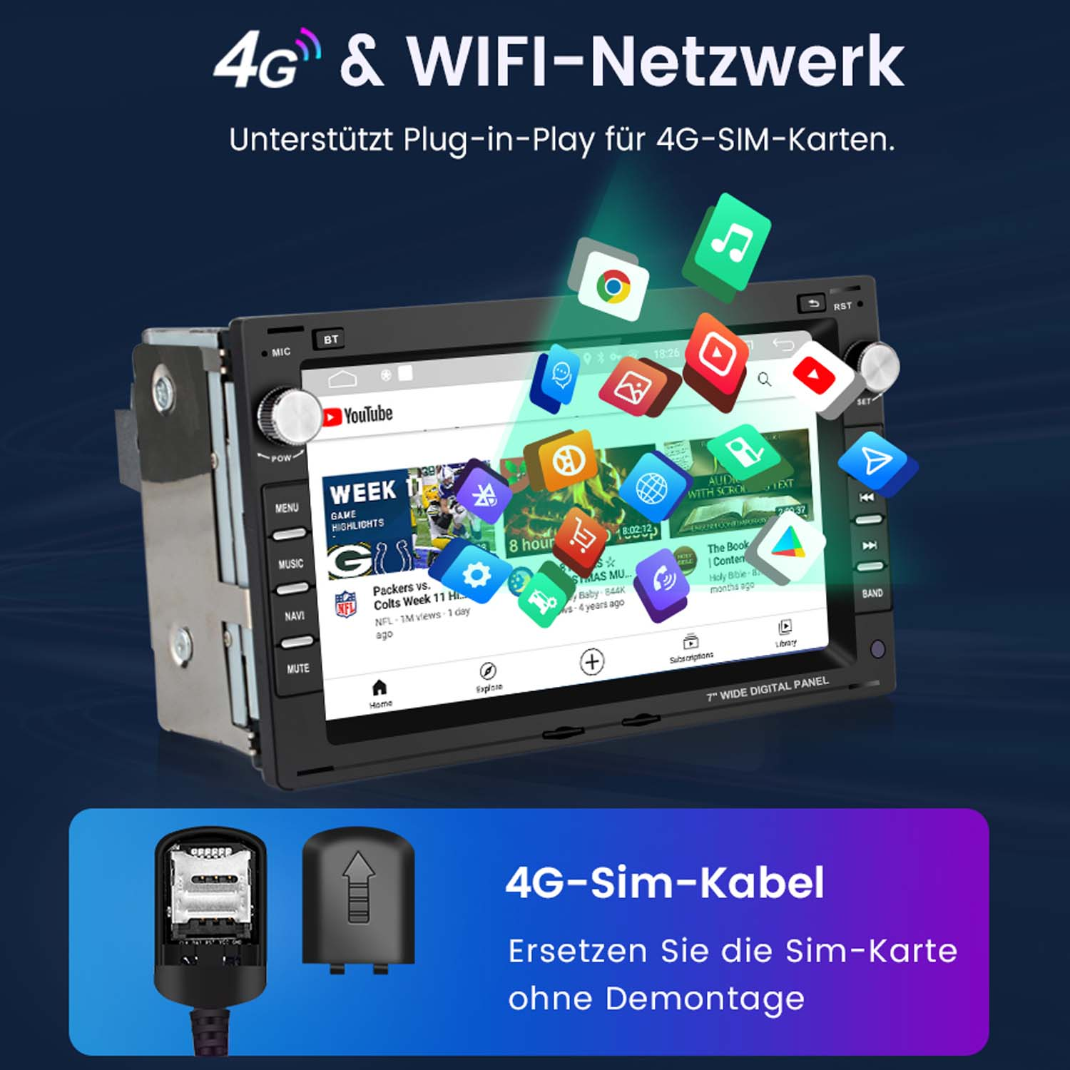 Samochodowy system multimedialny z ekranem odtwarzającym YouTube. Wyświetlany jest kabel 4G-Sim i ikony.
