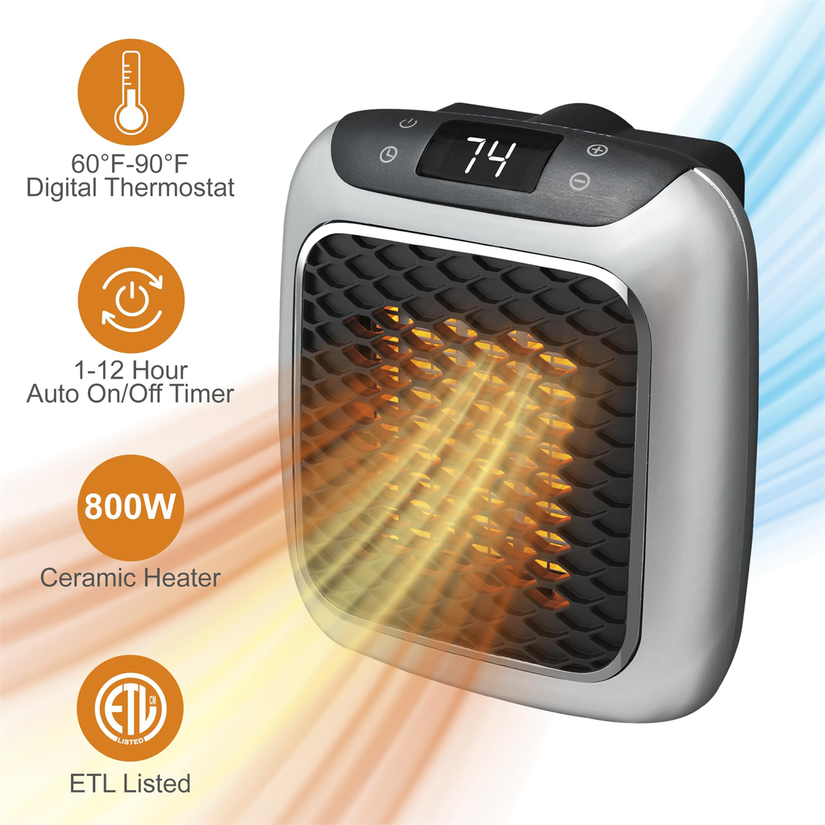 Ein kleiner Keramik-Heizlüfter mit digitalem Thermostat und Timer wird gezeigt.