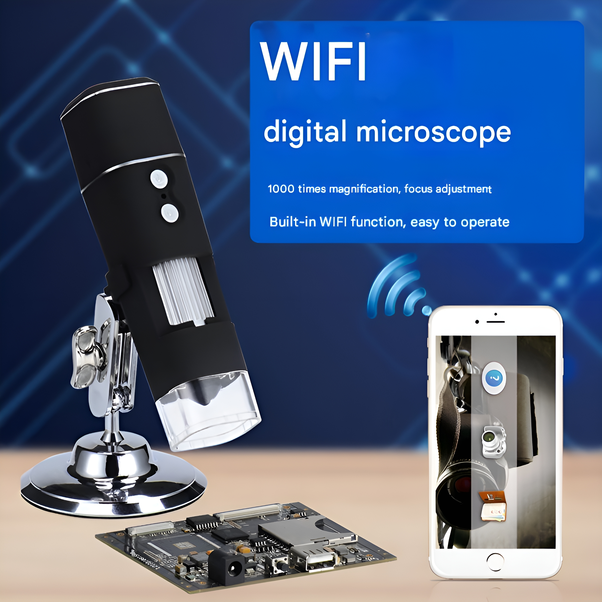 Ein digitales Mikroskop mit Telefon, das ein Bild zeigt. Text: WIFI digitales Mikroskop.