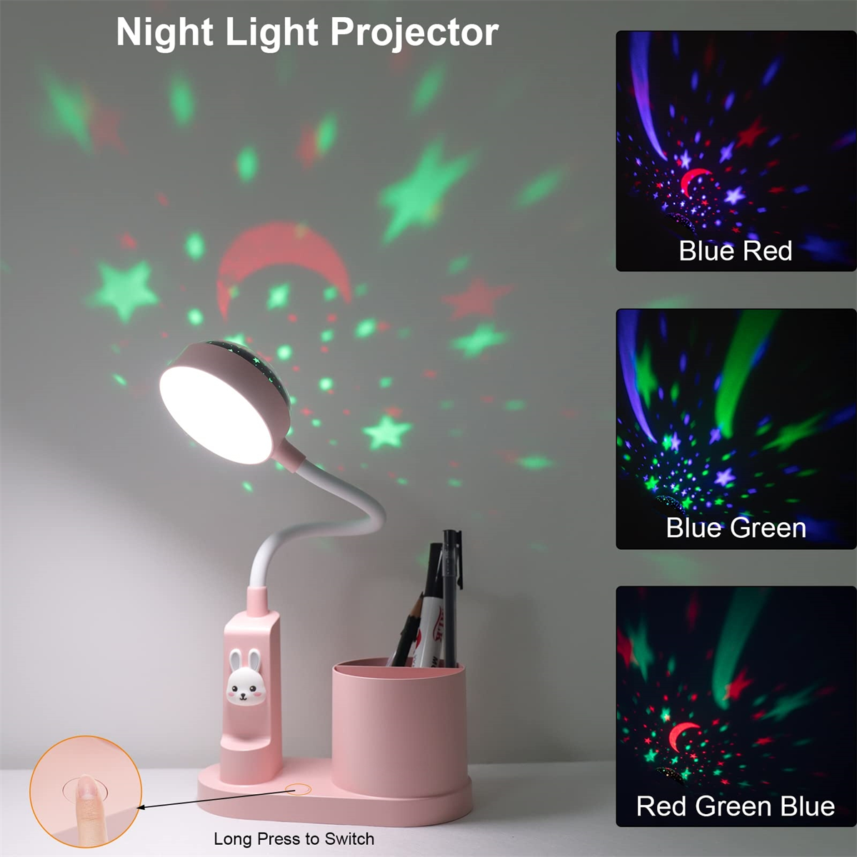 Nachtlichtprojektor mit Sternen und Mond, mit Schreibtischlampe und Stiften.