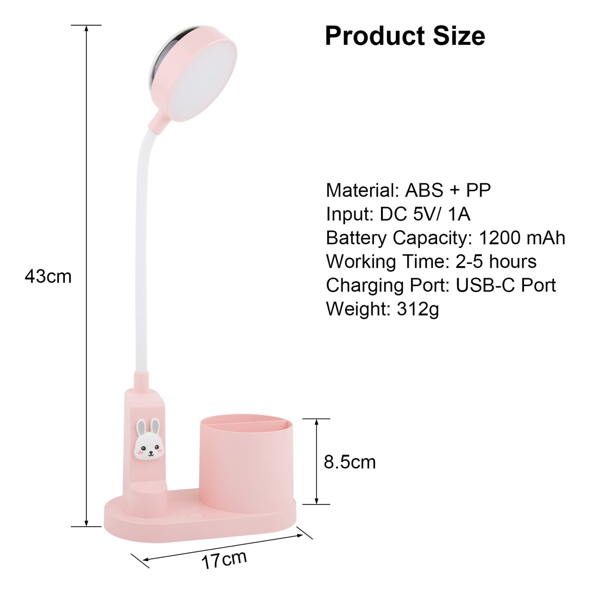 Rosa Schreibtischlampe mit Hasen-Design, Stifthalter und Abmessungen.