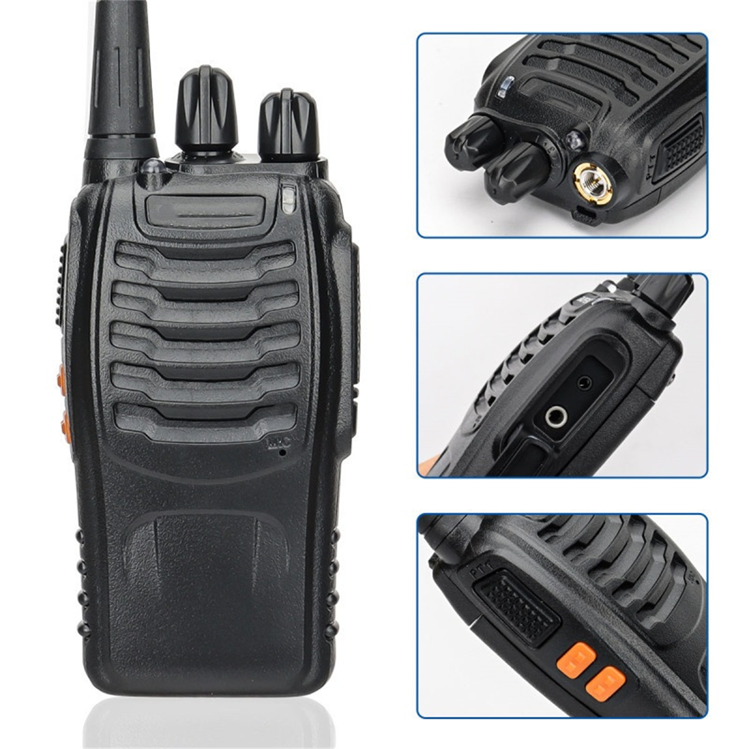 Ein schwarzes Walkie-Talkie mit Details. Enthält Knöpfe, Antenne und einen Seitenanschluss.