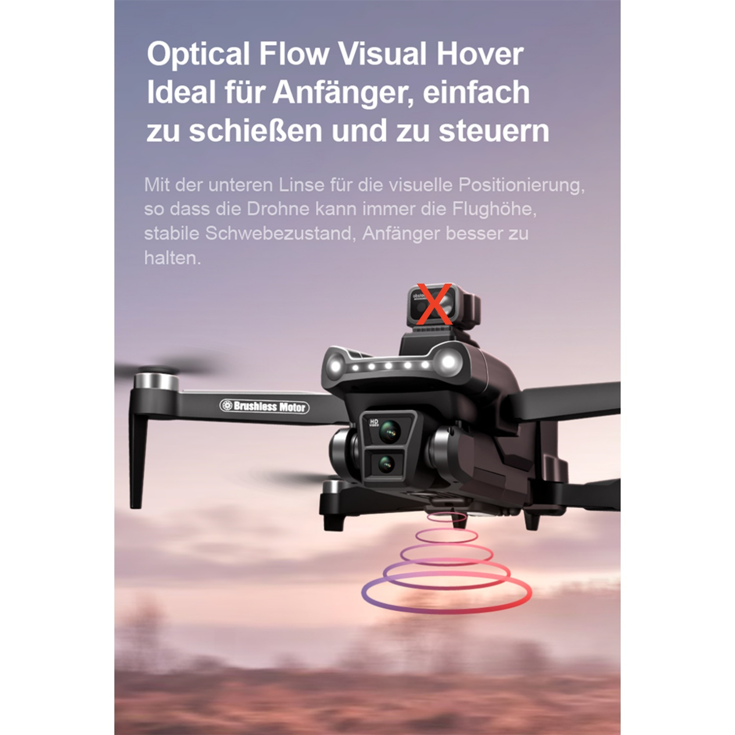 Eine schwarze Drohne mit Kamera, die optischen Fluss-Visuell-Hover zeigt, mit Textüberlagerung.