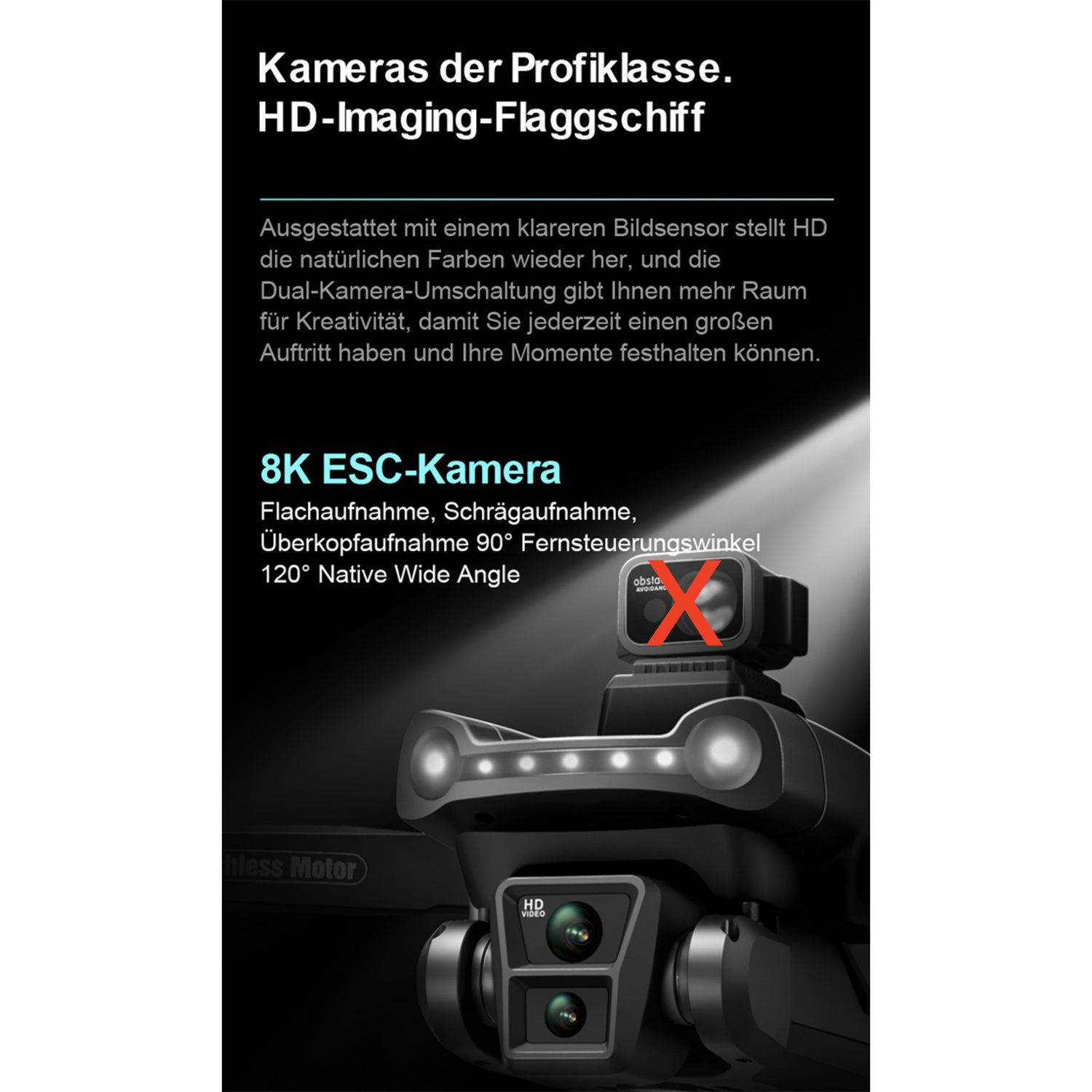 Schwarze Drohne mit HD-Kamera, weißen Lichtern und Text. Hintergrund ist schwarz mit weißem Text.
