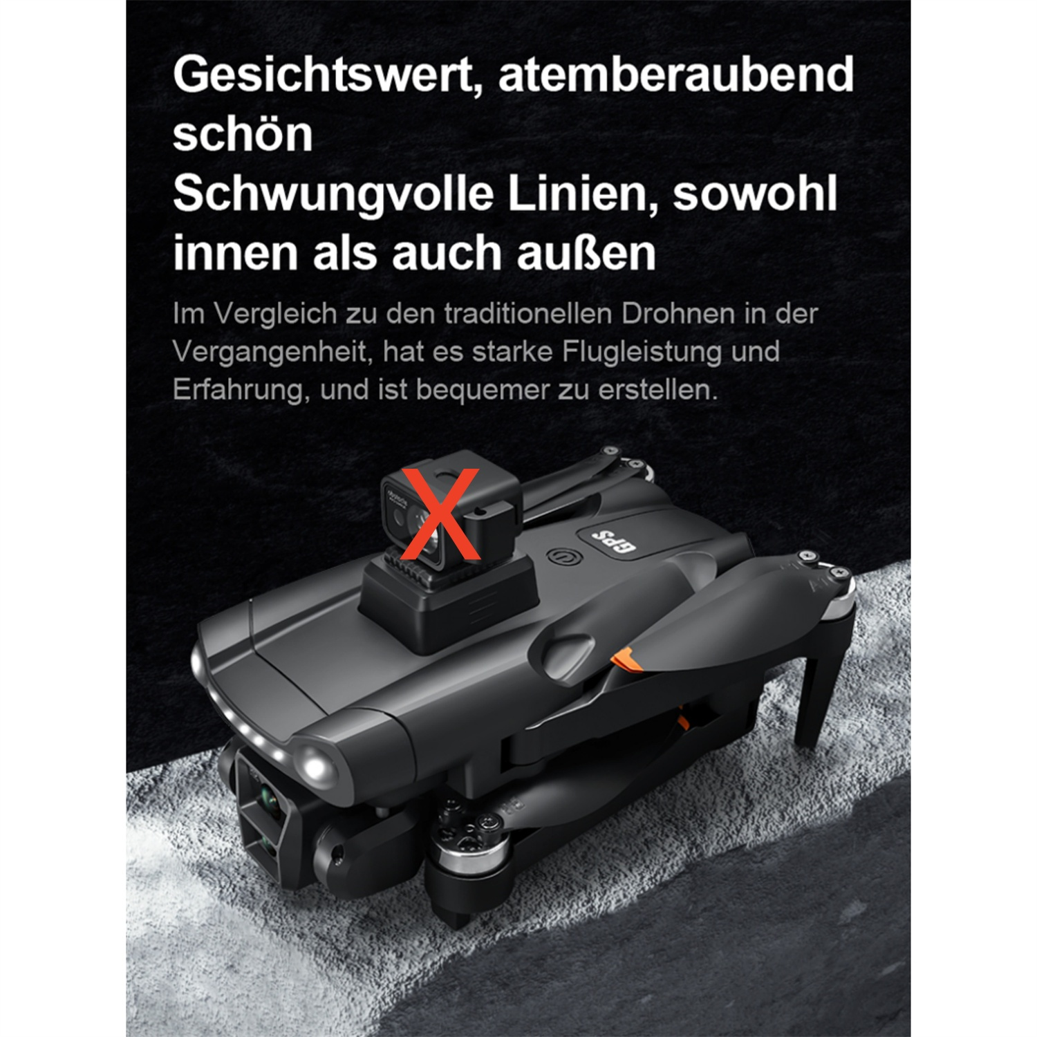 Schwarze Drohne mit Kamera. Text auf Deutsch. Schwarzer Hintergrund.