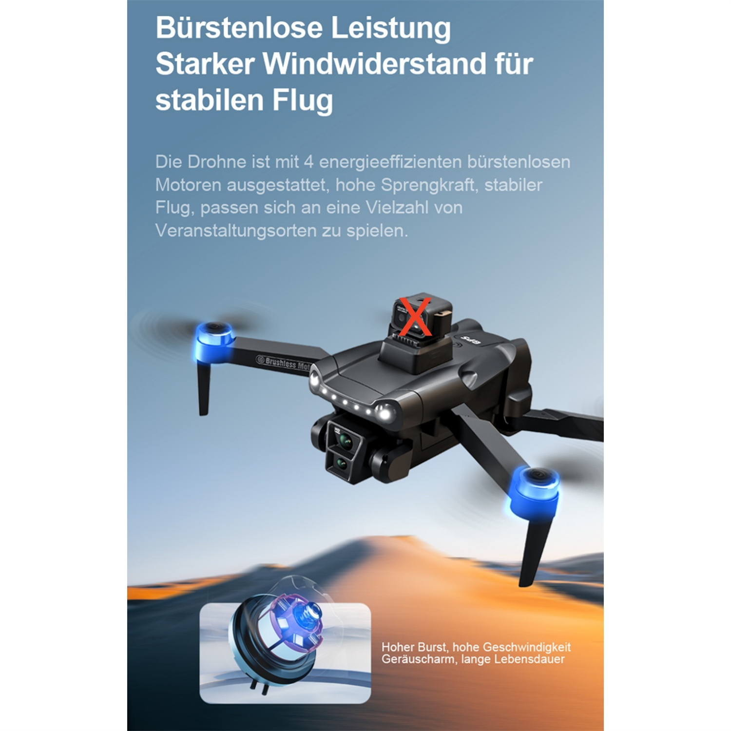 Schwarze Drohne mit blauen Lichtern, Text auf weißem Hintergrund.