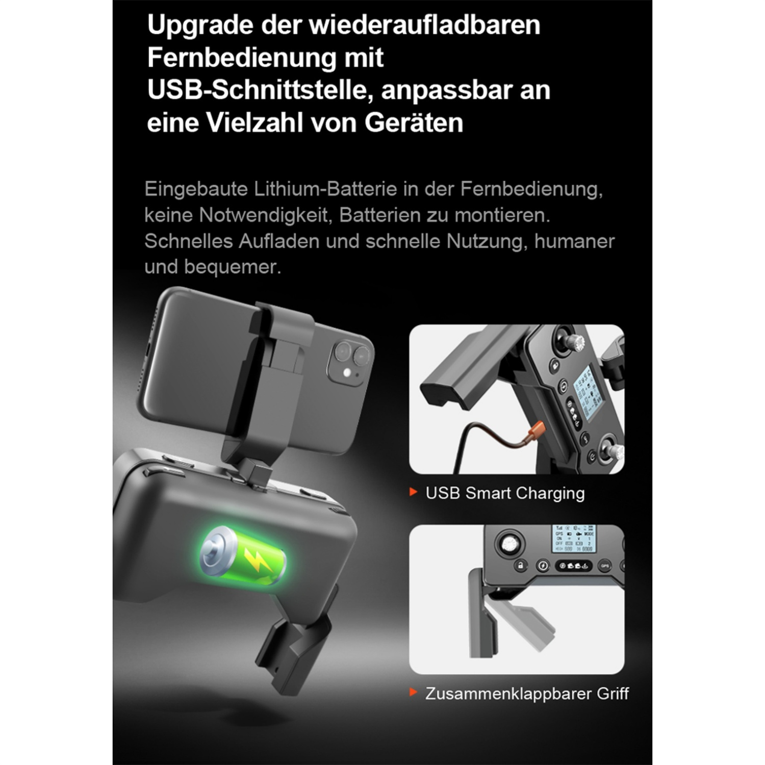 Bild zeigt Drohnenladegerät und Controller mit Text über Funktionen. Schwarzer Hintergrund.