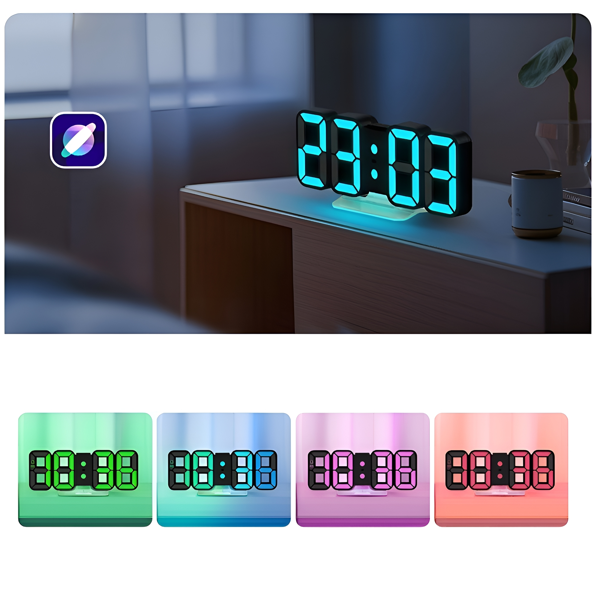 Digitaluhr, die 23:03 anzeigt. Logo in der Ecke. Steht auf einem weißen Tisch.