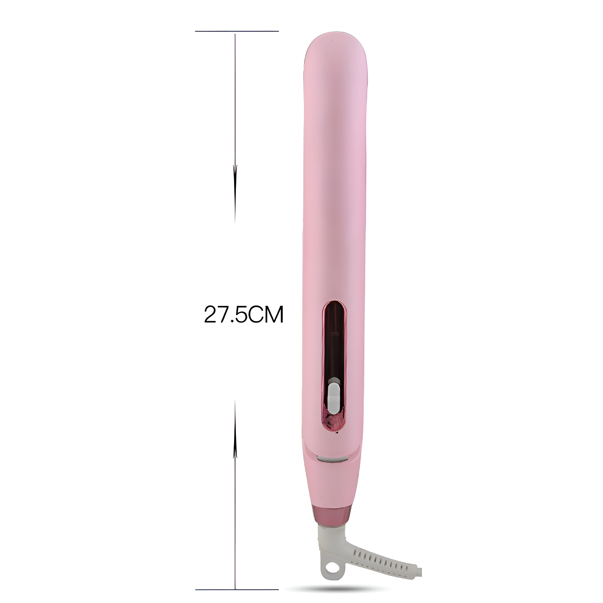 Ein rosa Haarglätter mit Maßen. Es ist ein langes, schlankes Gerät.