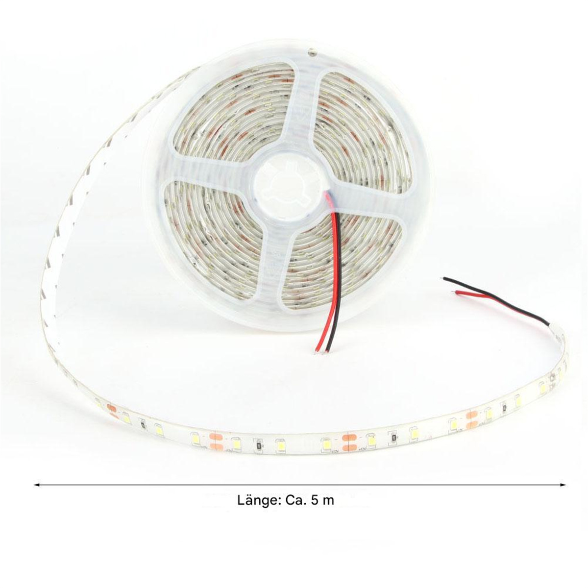 LED-Streifen auf einer Rolle, mit freiliegenden Drähten und Längenangabe.