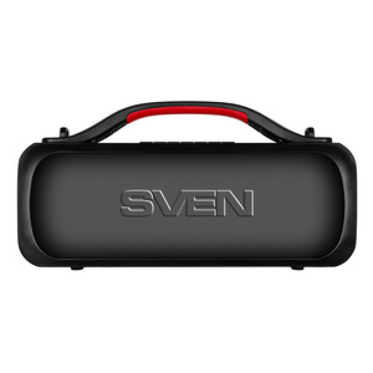 Altoparlante portatile nero con la scritta SVEN. Ha una maniglia rossa. Lo sfondo è bianco.