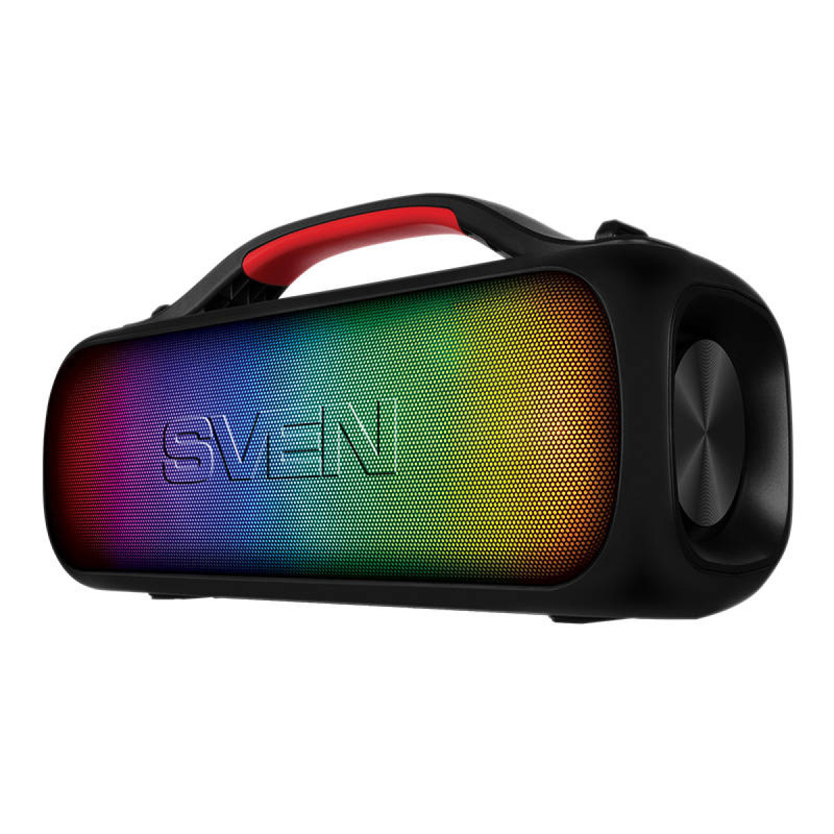 Altoparlante nero con display LED arcobaleno e maniglia rossa.