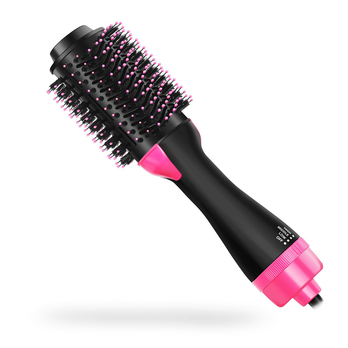 Schwarze und pinkfarbene Haarstylingbürste.
