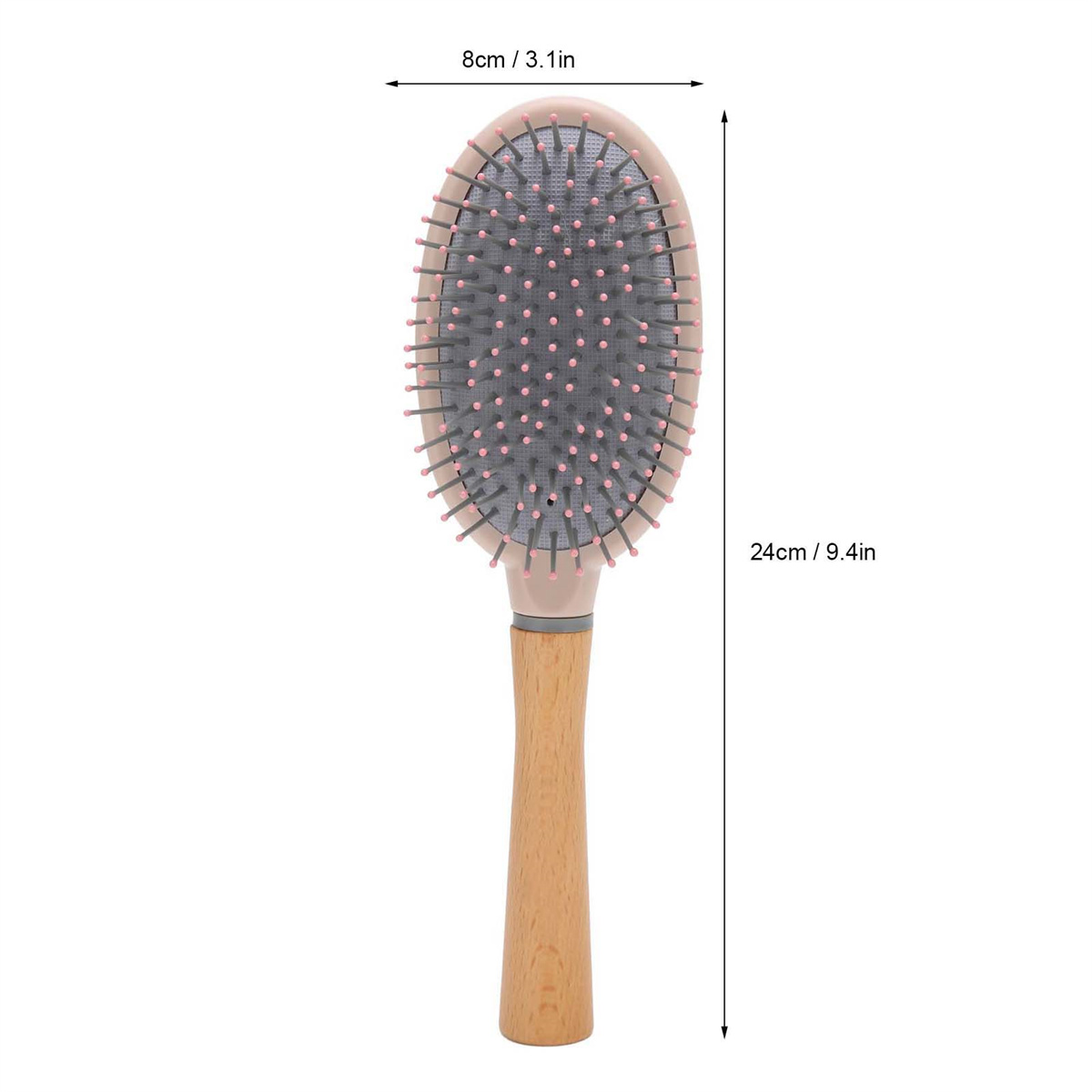 Ovale Haarbürste mit rosa Borsten und Holzgriff, Maße angegeben.
