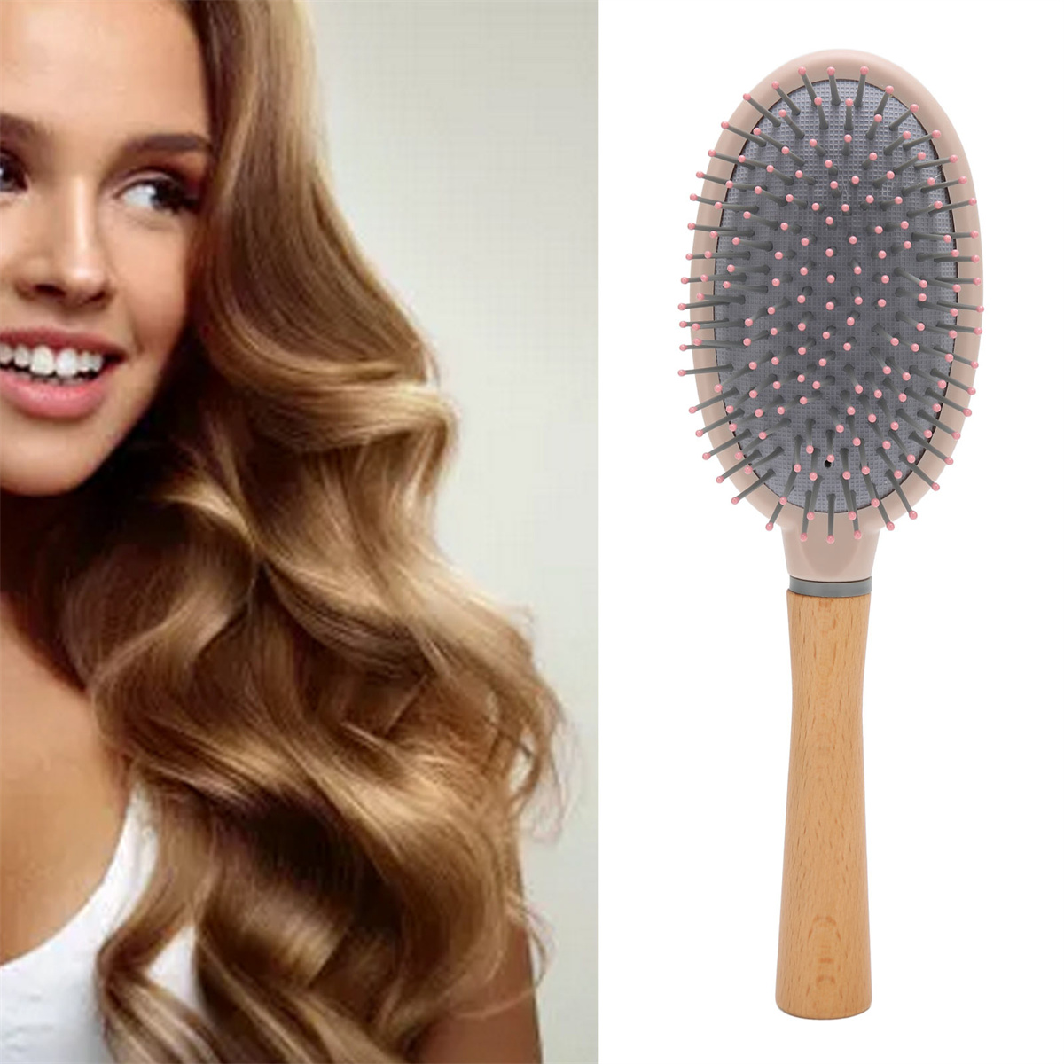 Eine lächelnde Frau mit blonden Haaren links. Eine rosa Haarbürste rechts.