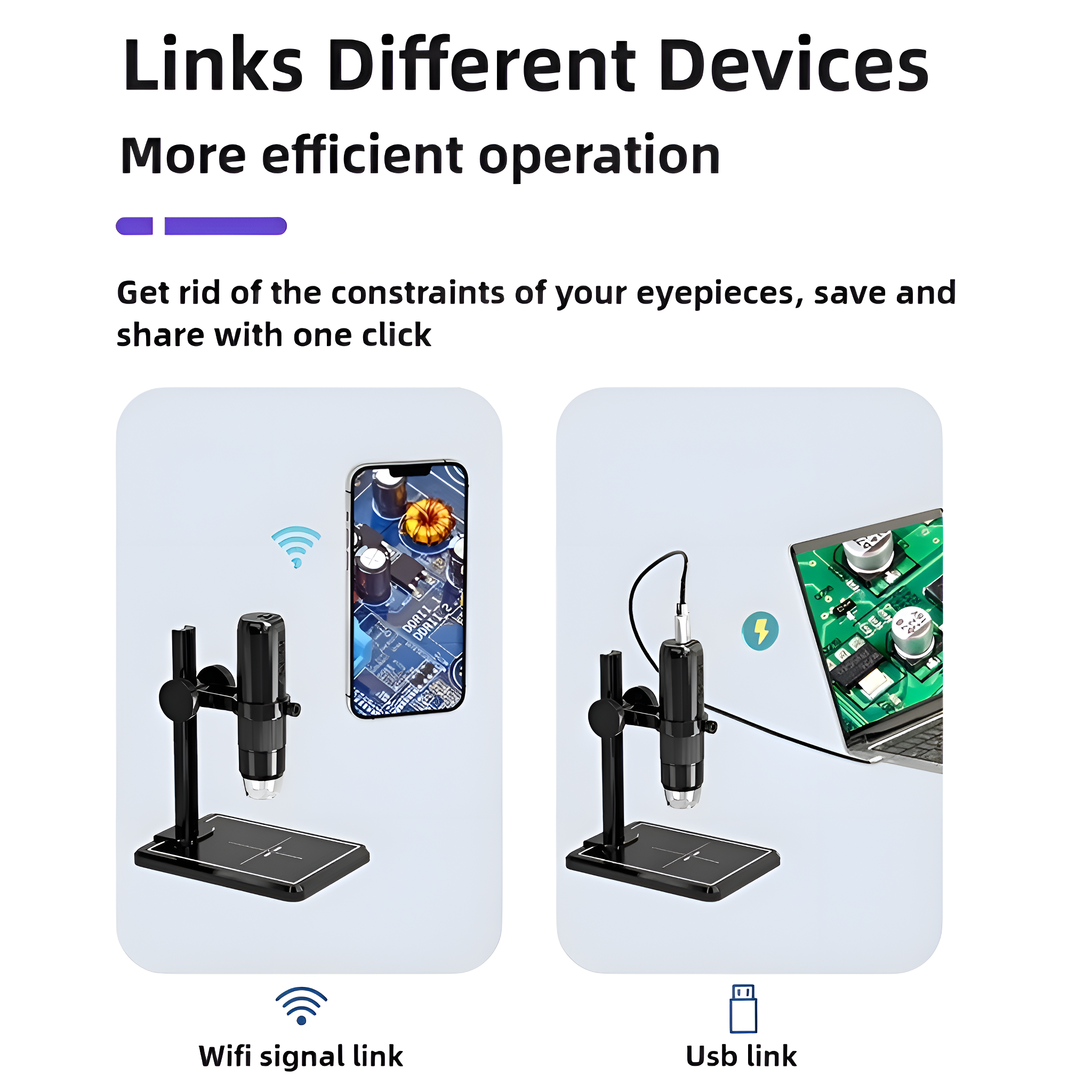 Das Bild zeigt ein Mikroskop, das über WLAN mit einem Telefon und über USB mit einem Laptop verbunden ist.