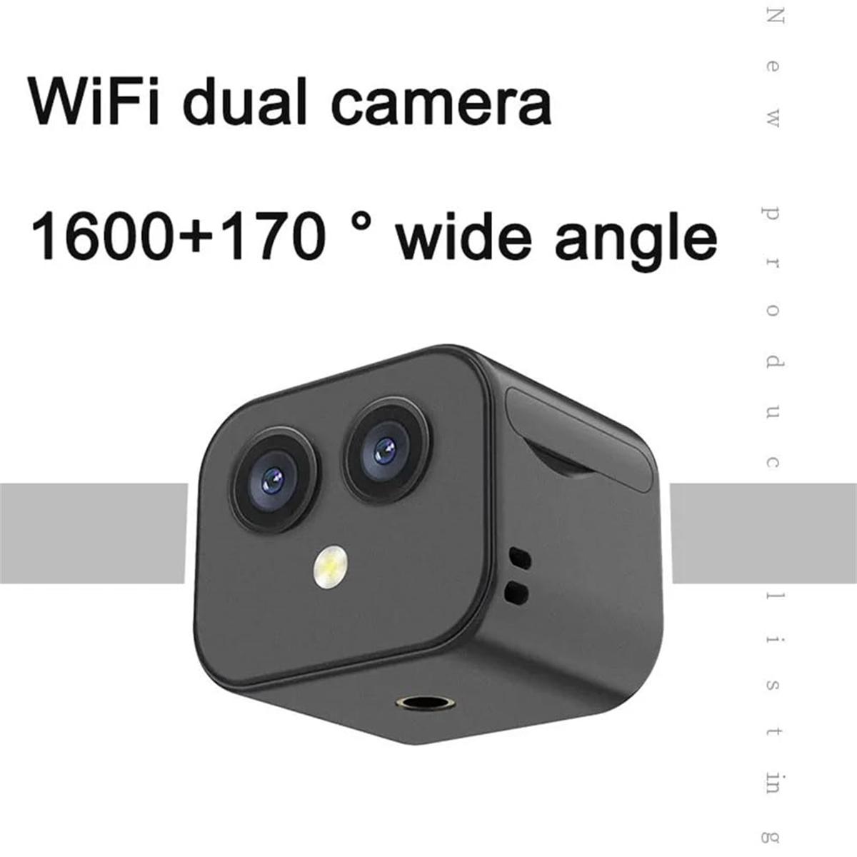 Eine schwarze Dual-Lens-WLAN-Kamera. Text: 'WiFi Dual-Kamera' und '1600+170° Weitwinkel'.