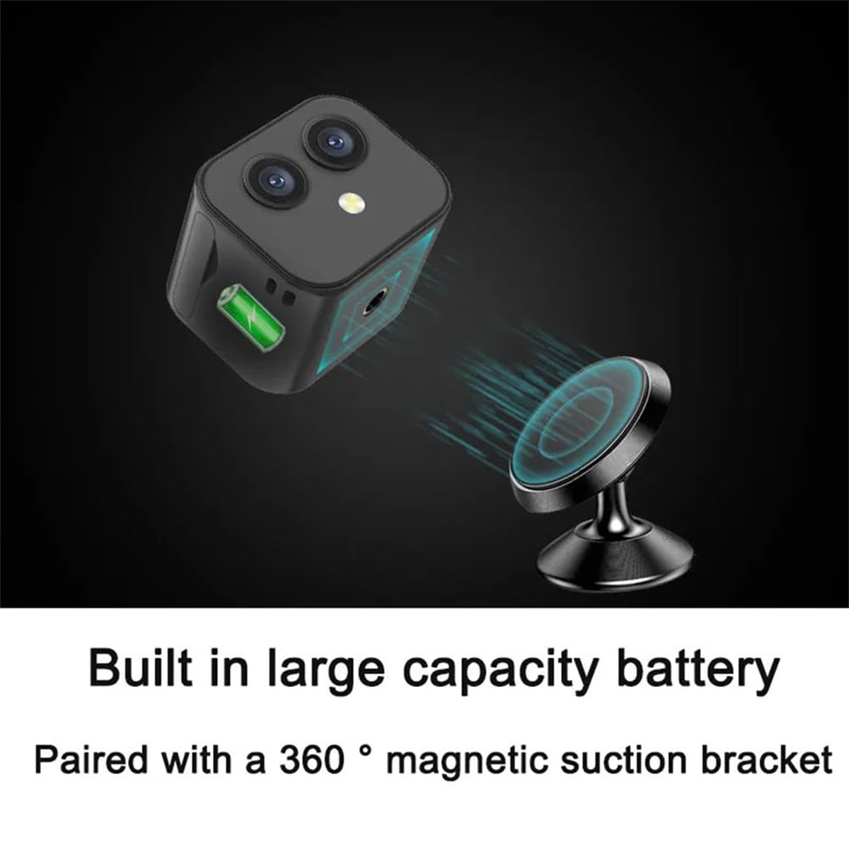 Eine schwarze quadratische Kamera mit Magnetbefestigung. Die Kamera hat eine grüne Batterieanzeige.