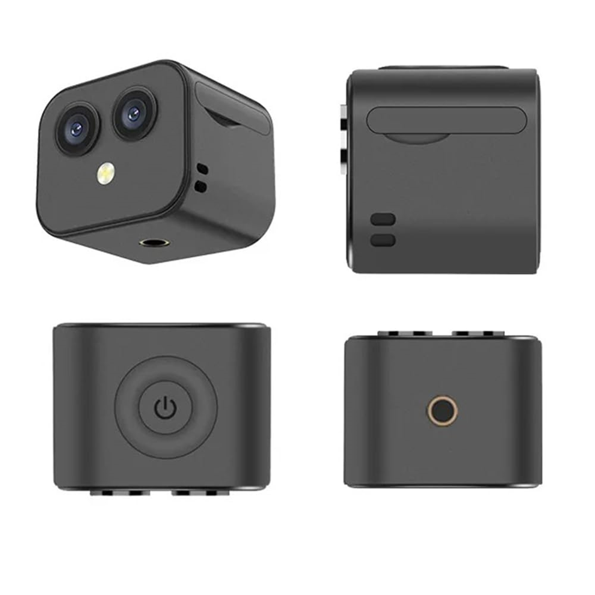 Schwarze Mini-Kamera mit mehreren Ansichten. Sie hat zwei Objektive, Knöpfe und einen Ladeanschluss.