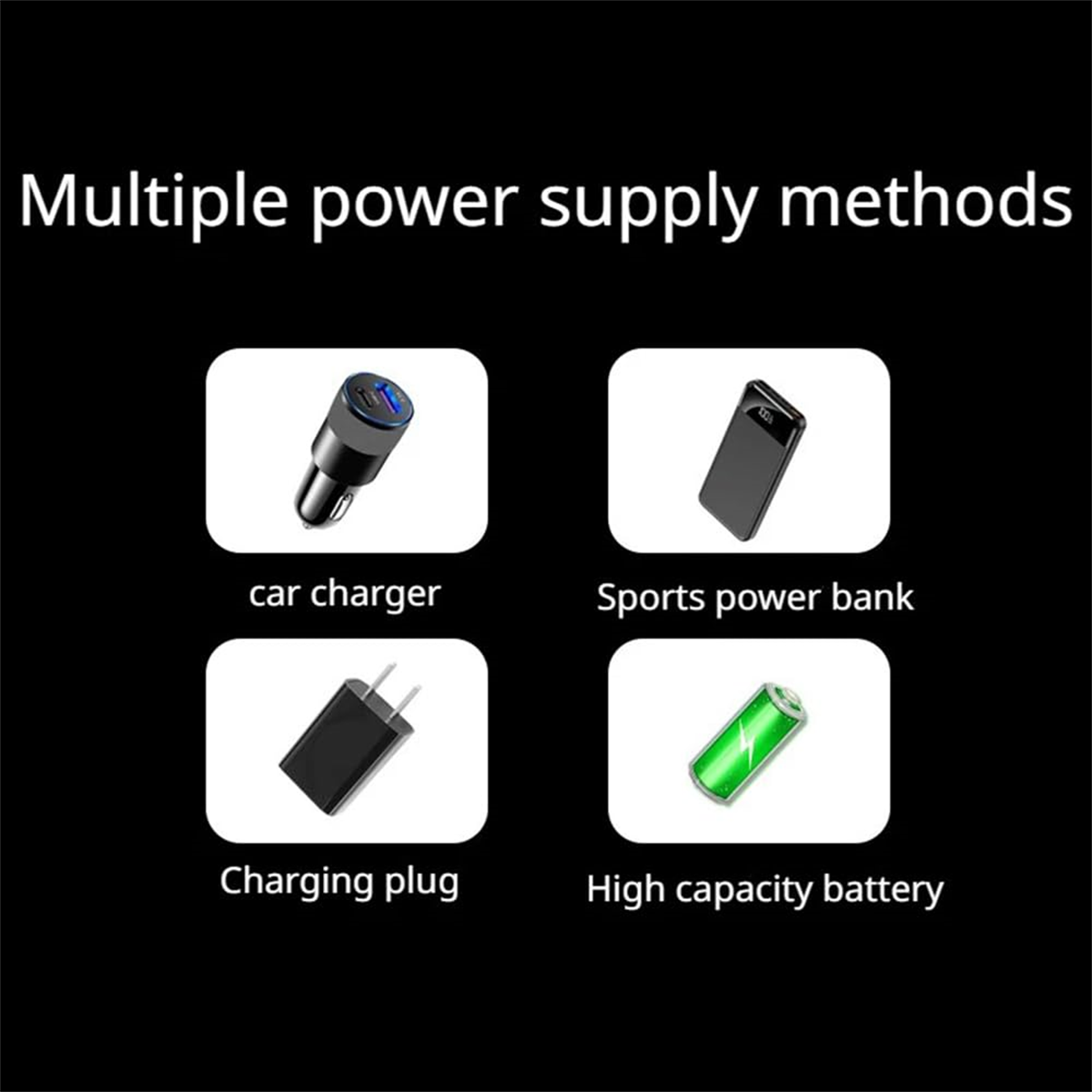 Diagramm mit verschiedenen Stromversorgungsmethoden: Autoladegerät, Sport-Powerbank, Ladestecker und Batterie.