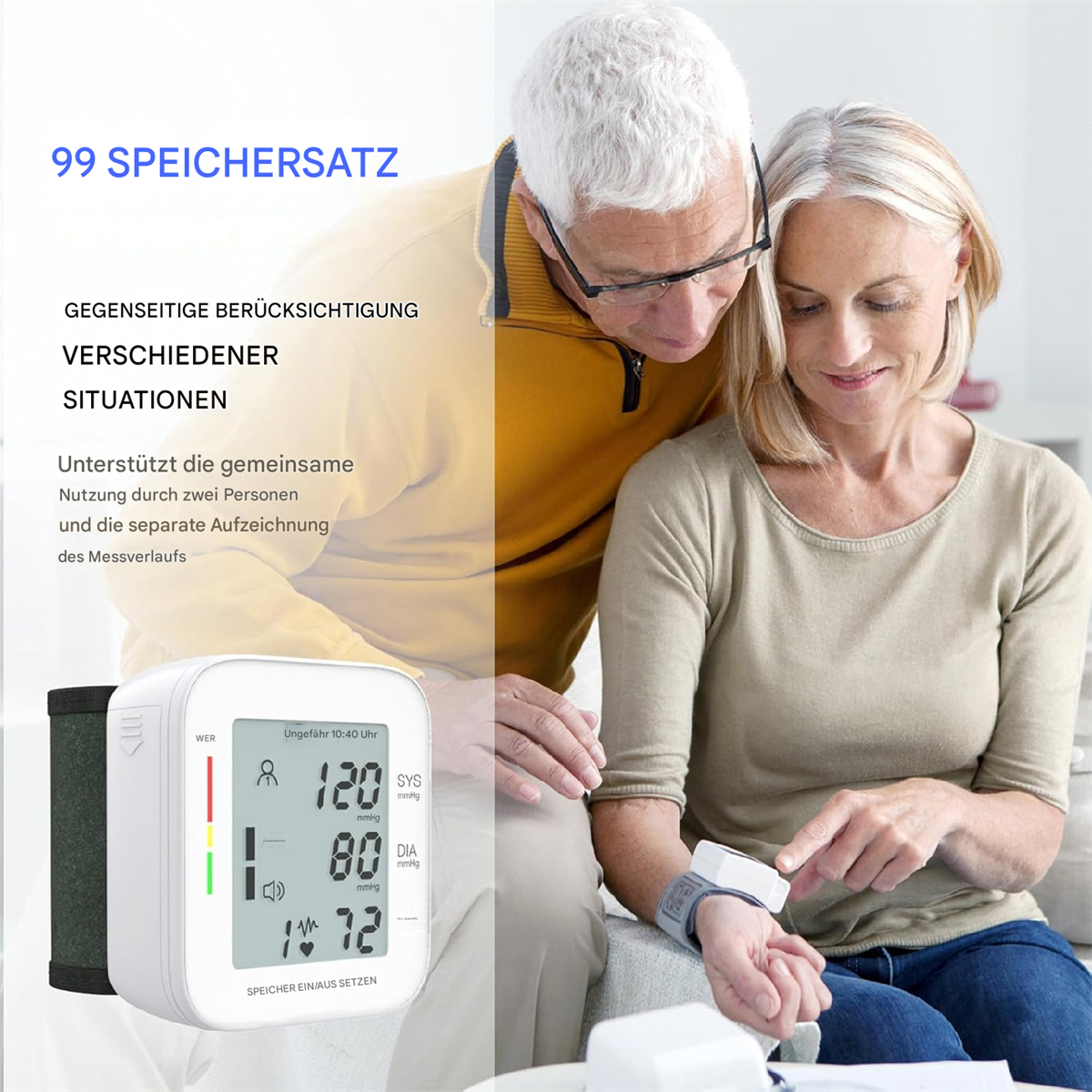 Zwei Personen, die den Blutdruck mit einem digitalen Blutdruckmessgerät messen.