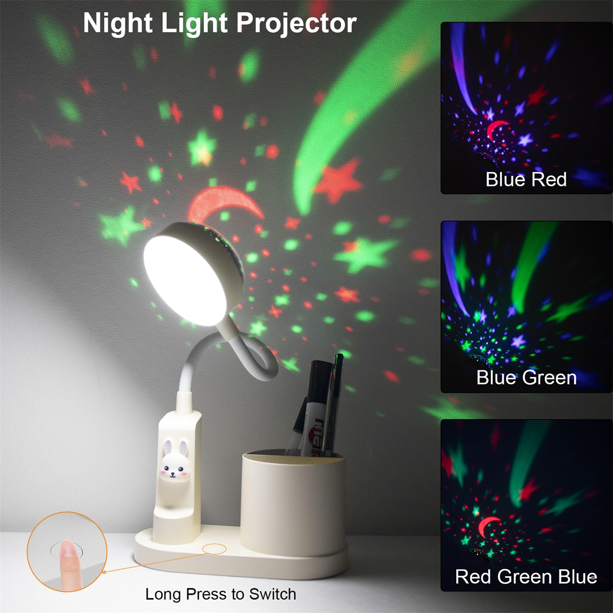 Nachtlichtprojektor mit Hase und drei verschiedenen Lichtprojektionen.