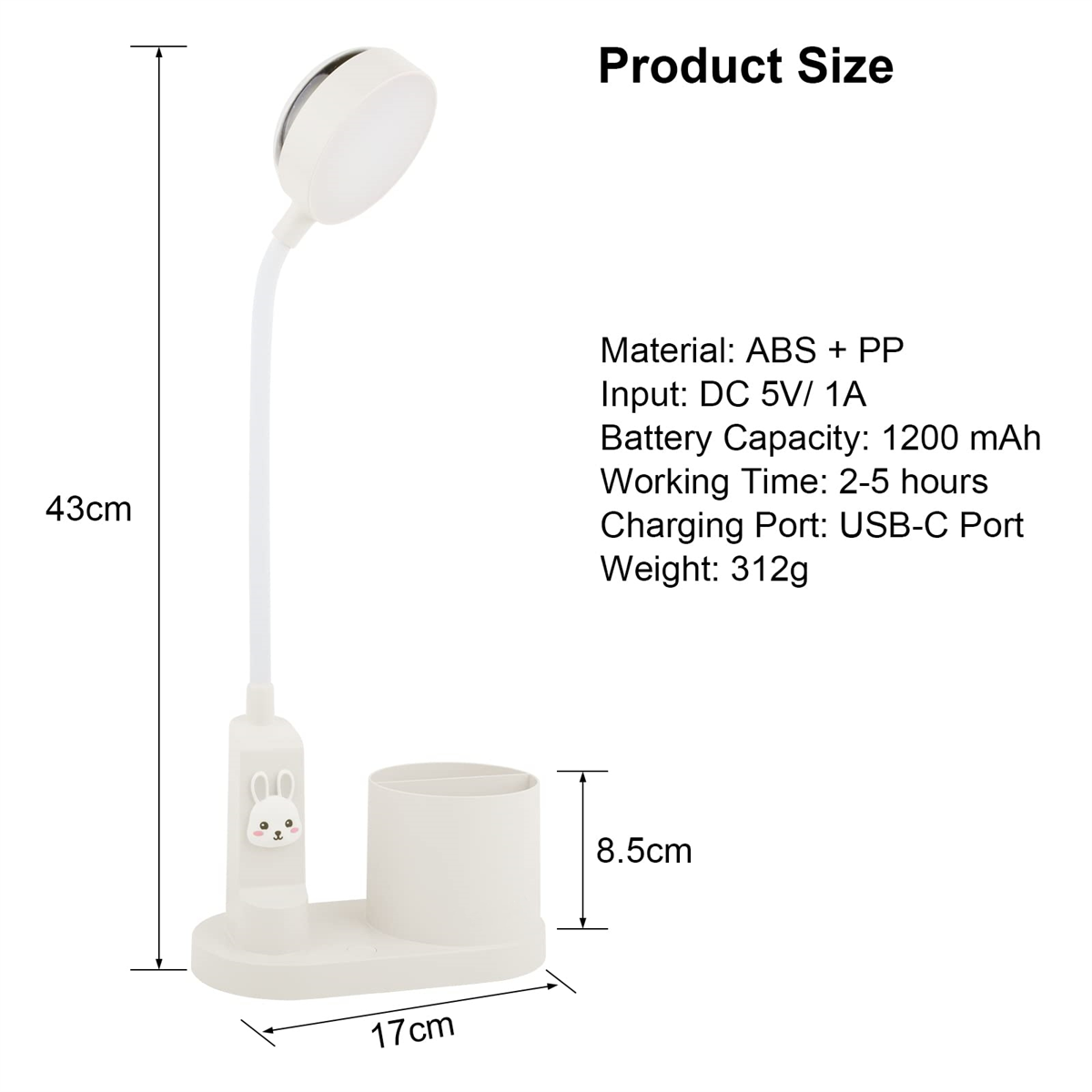 Weiße Schreibtischlampe mit kleinem Stifthalter. Abmessungen und Spezifikationen sind angegeben.