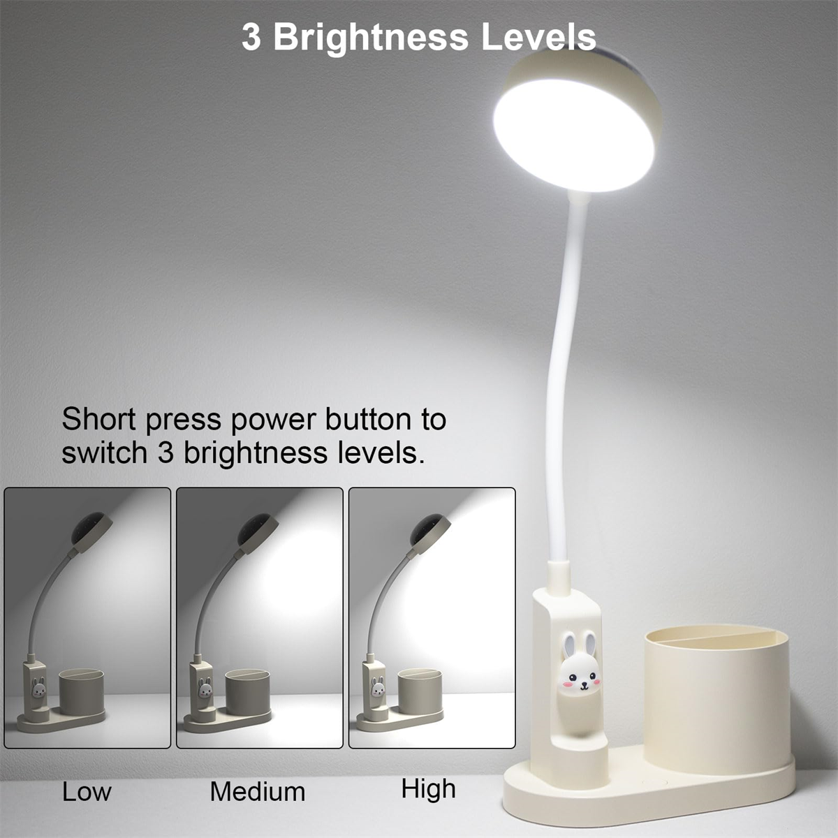 Eine Schreibtischlampe mit 3 Helligkeitsstufen. Sie hat einen Stifthalter und ein Hasendesign.