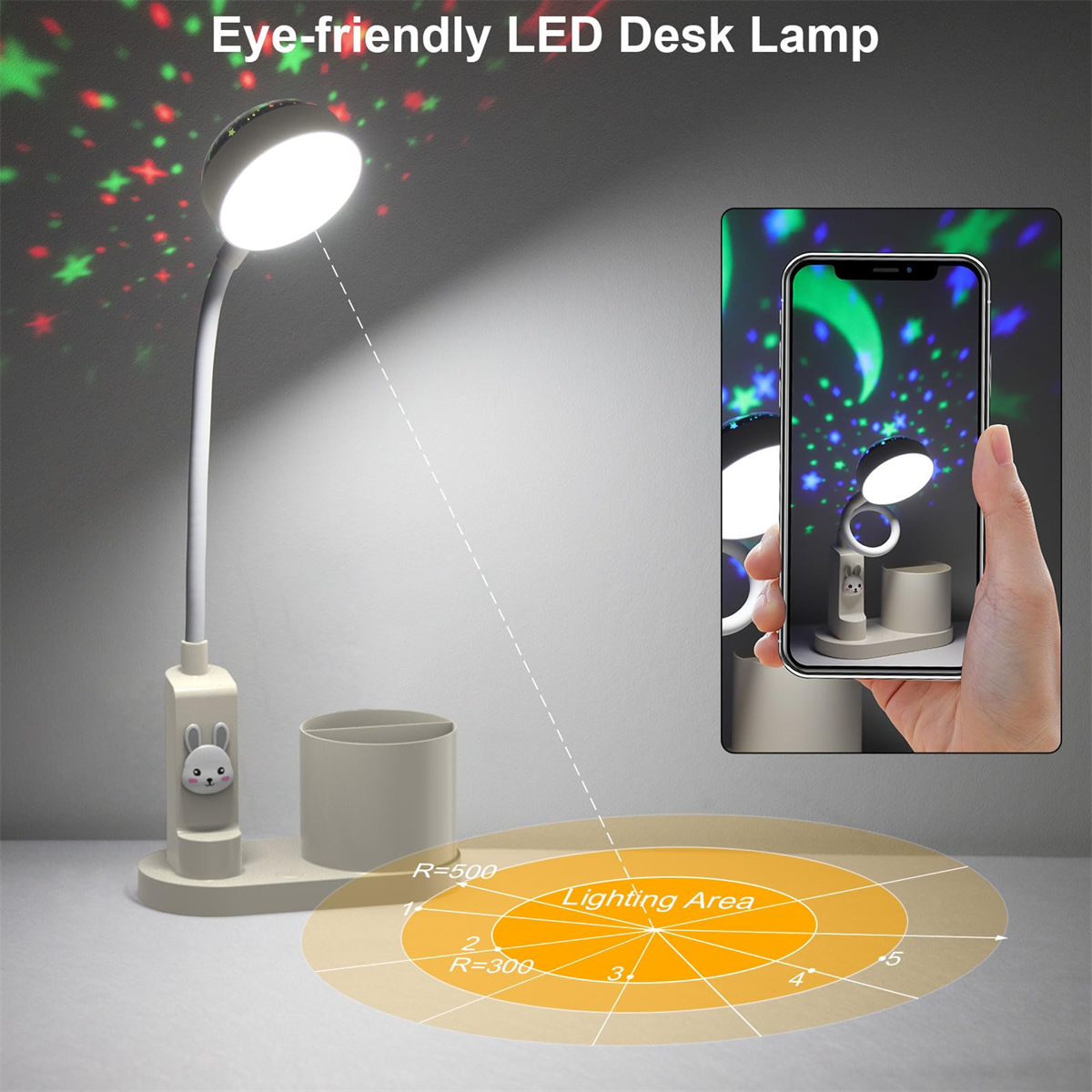 Weiße Schreibtischlampe mit Projektor. Inset zeigt Telefonbildschirm mit Lampe und Sternen.