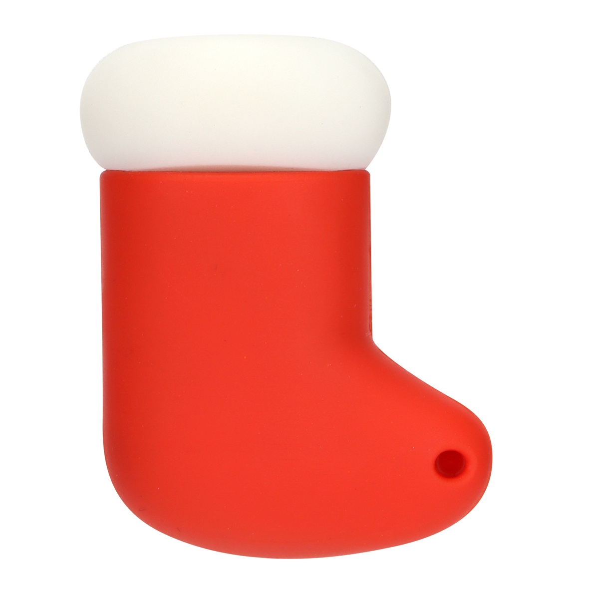 Ein roter USB-Stick in Form eines Weihnachtsstrumpfes mit weißer Oberseite, auf weißem Hintergrund.