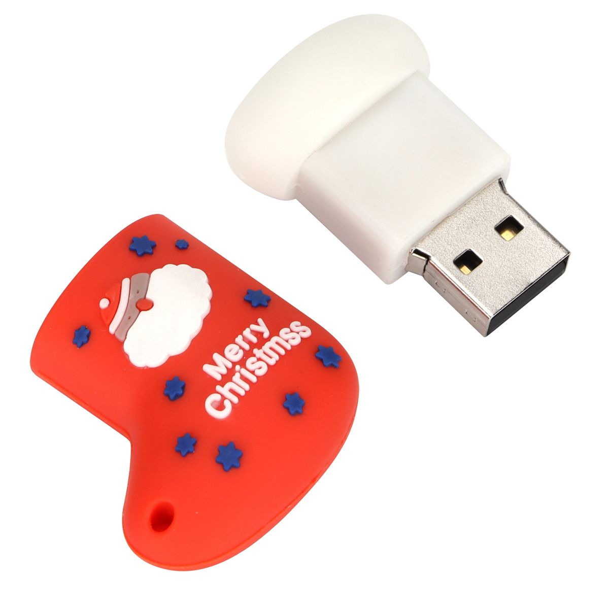 Ein roter Weihnachtsstrumpf-USB-Stick und ein weißer USB-Anschluss.