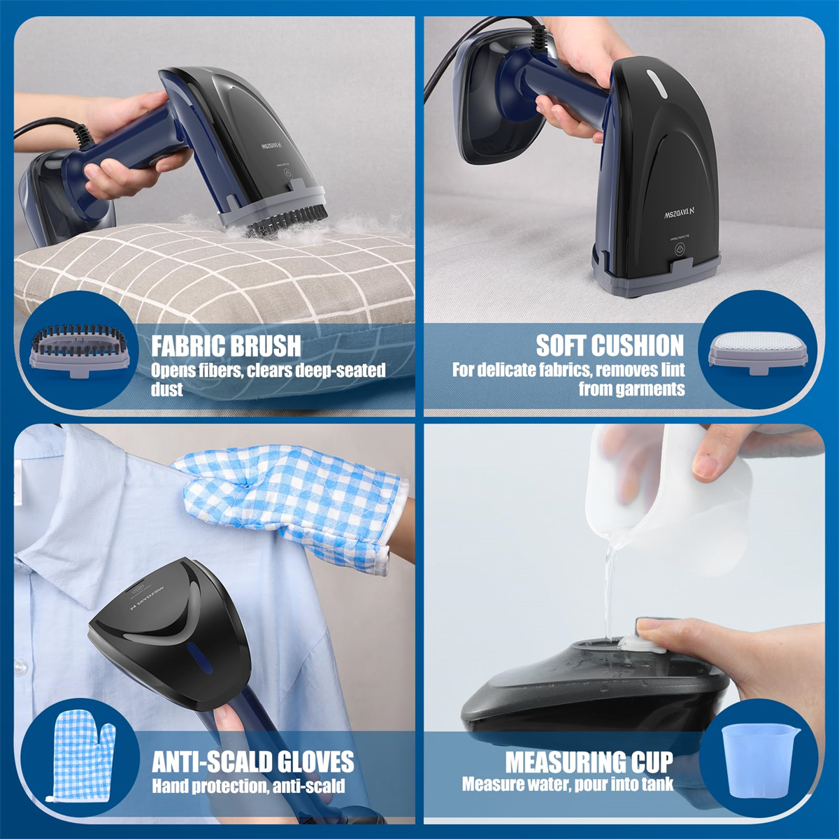 Vier Bilder, die Teile eines Dampfers zeigen. Stoffbürste, weiches Kissen, Anti-Verbrühungs-Handschuhe und Messbecher.