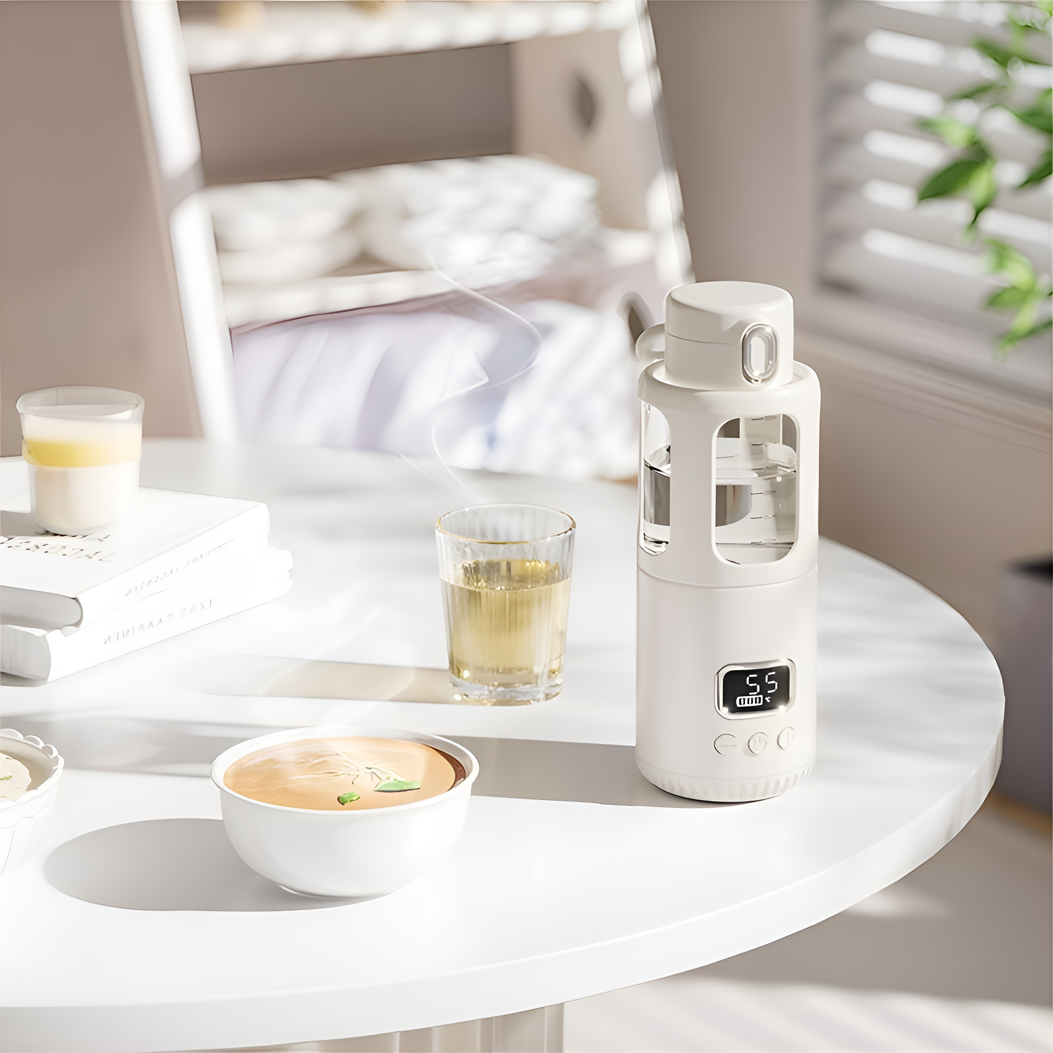 Weißer tragbarer Wasserspender mit Digitalanzeige auf weißem Tisch, Suppe.