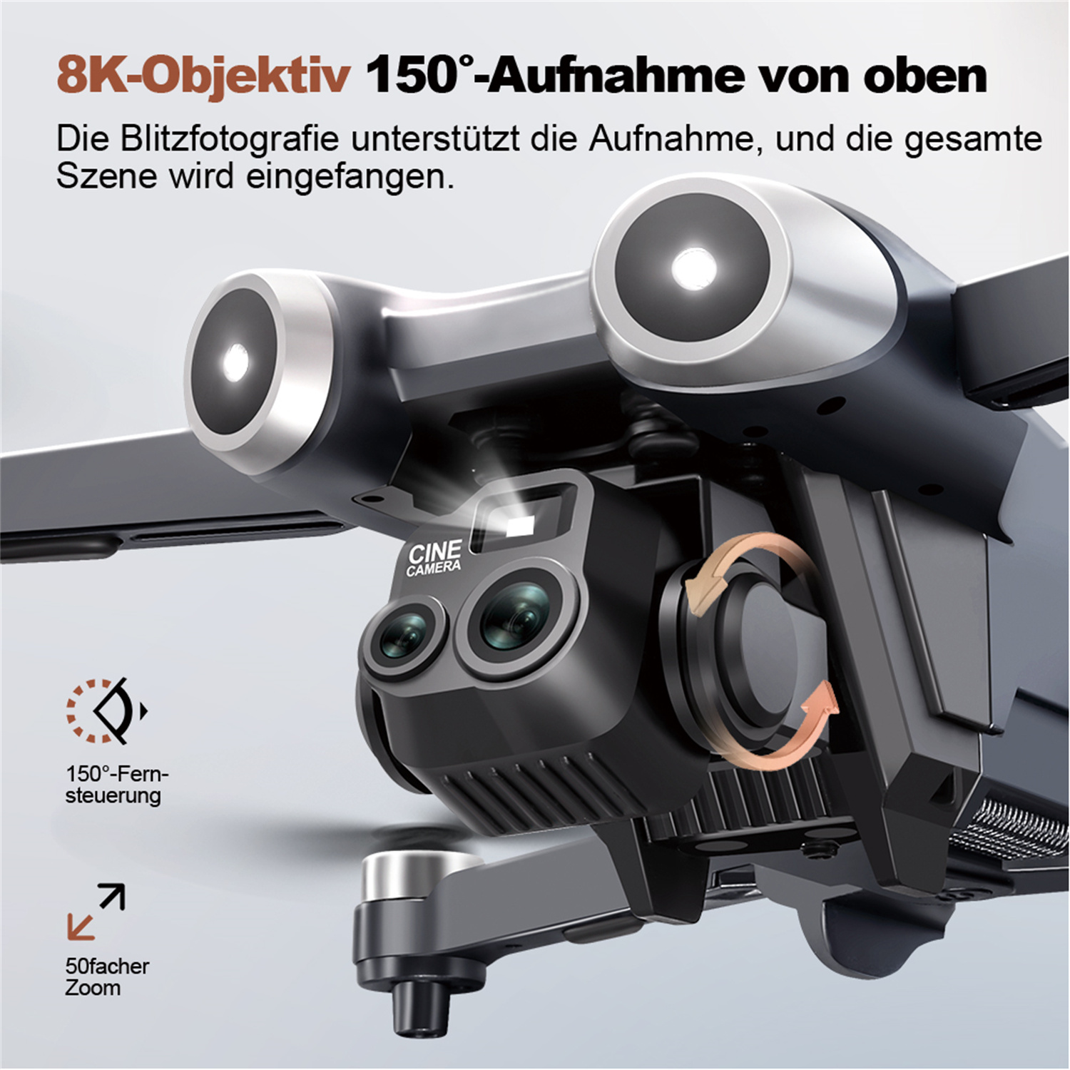 Schwarze Drohne mit Kamera und zwei Lichtern, Pfeile zeigen Funktionen wie Zoom und Fernbedienung.