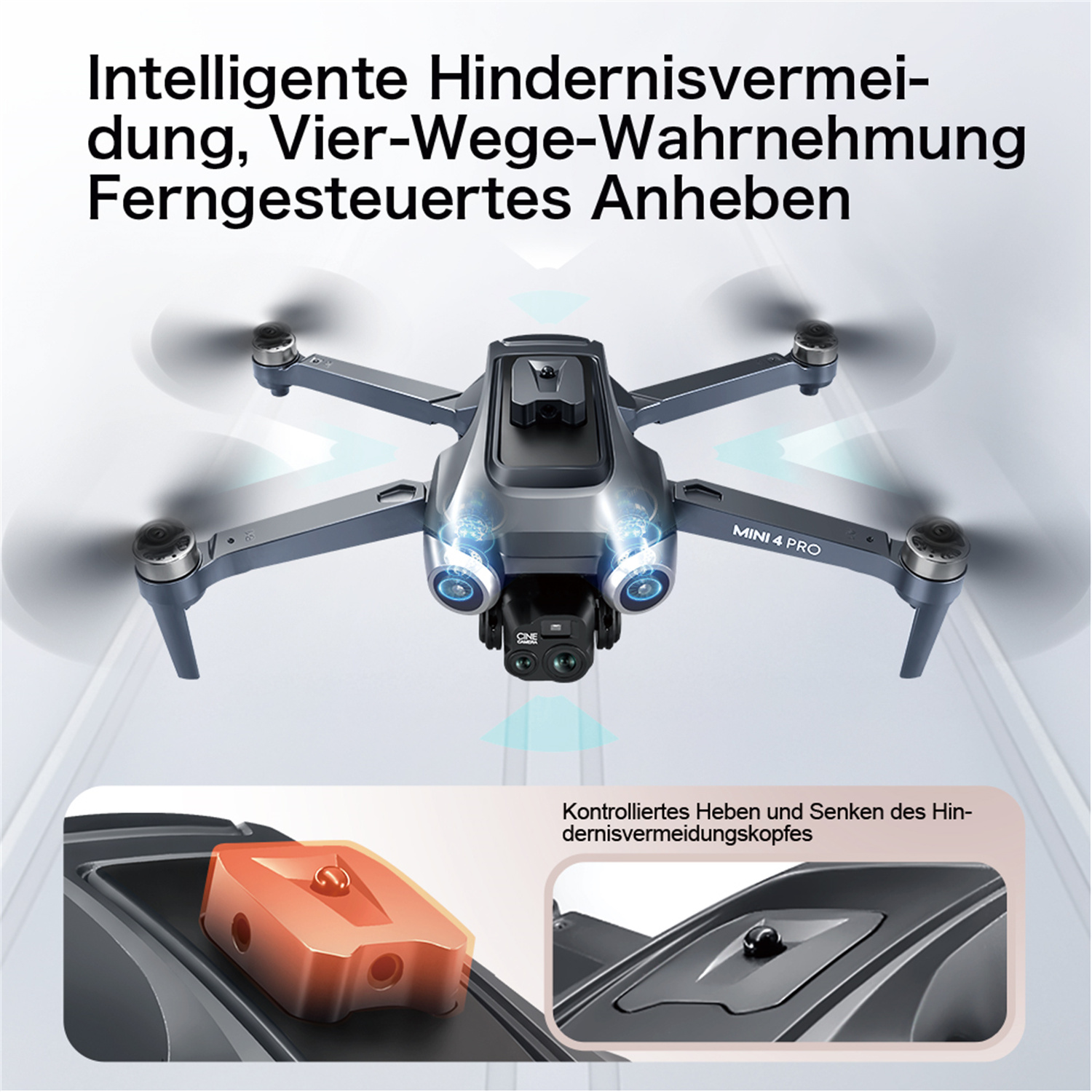 Graue Drohne mit vier Propellern. Ein kleines, rotes, kastenförmiges Objekt ist ebenfalls im Bild.