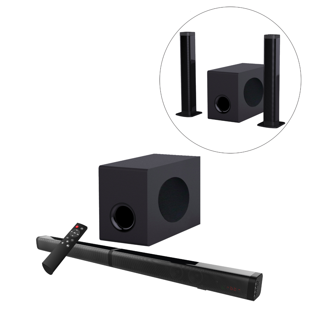 Eine schwarze Soundbar mit einem schwarzen Subwoofer und zwei schwarzen Lautsprechern. Die Soundbar hat eine Fernbedienung.