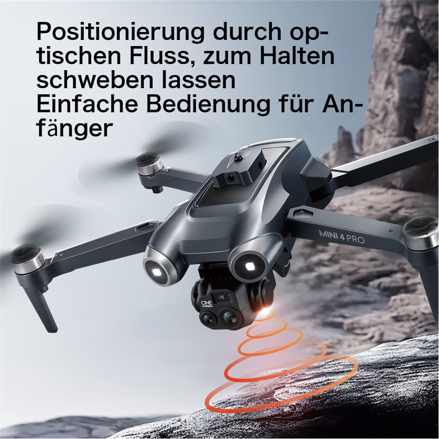 Eine Drohne im Flug mit Text über Funktionen und Bergkulisse.